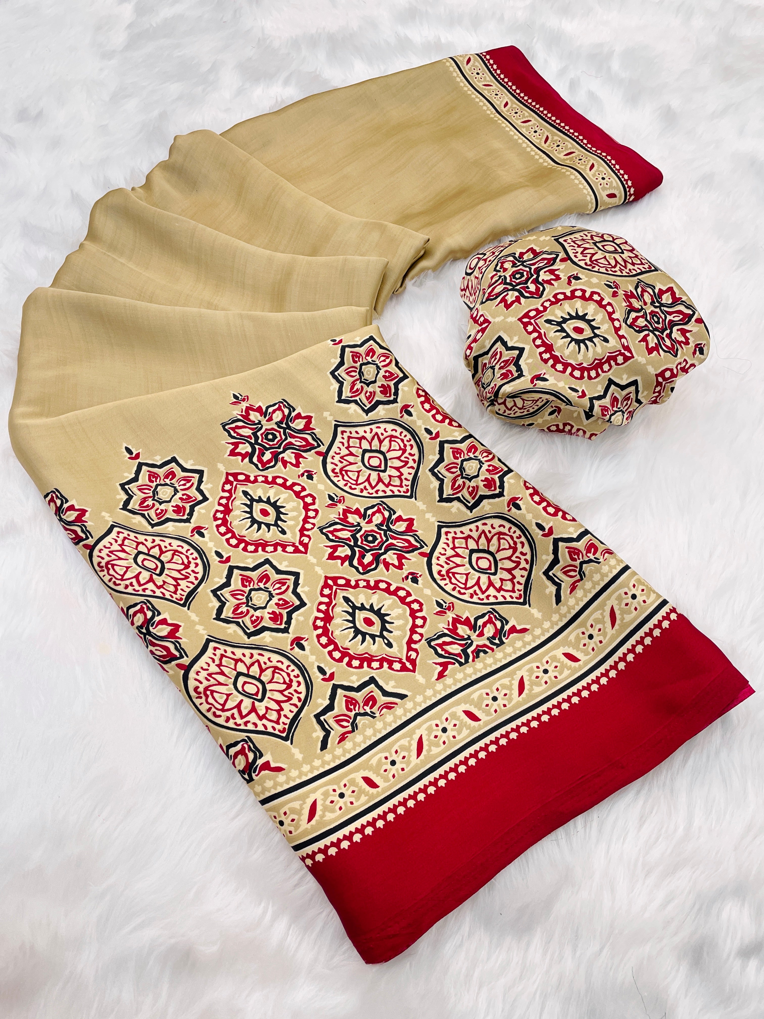 Saheli Cream Modal Silk Ajrakh Natural Print saree
