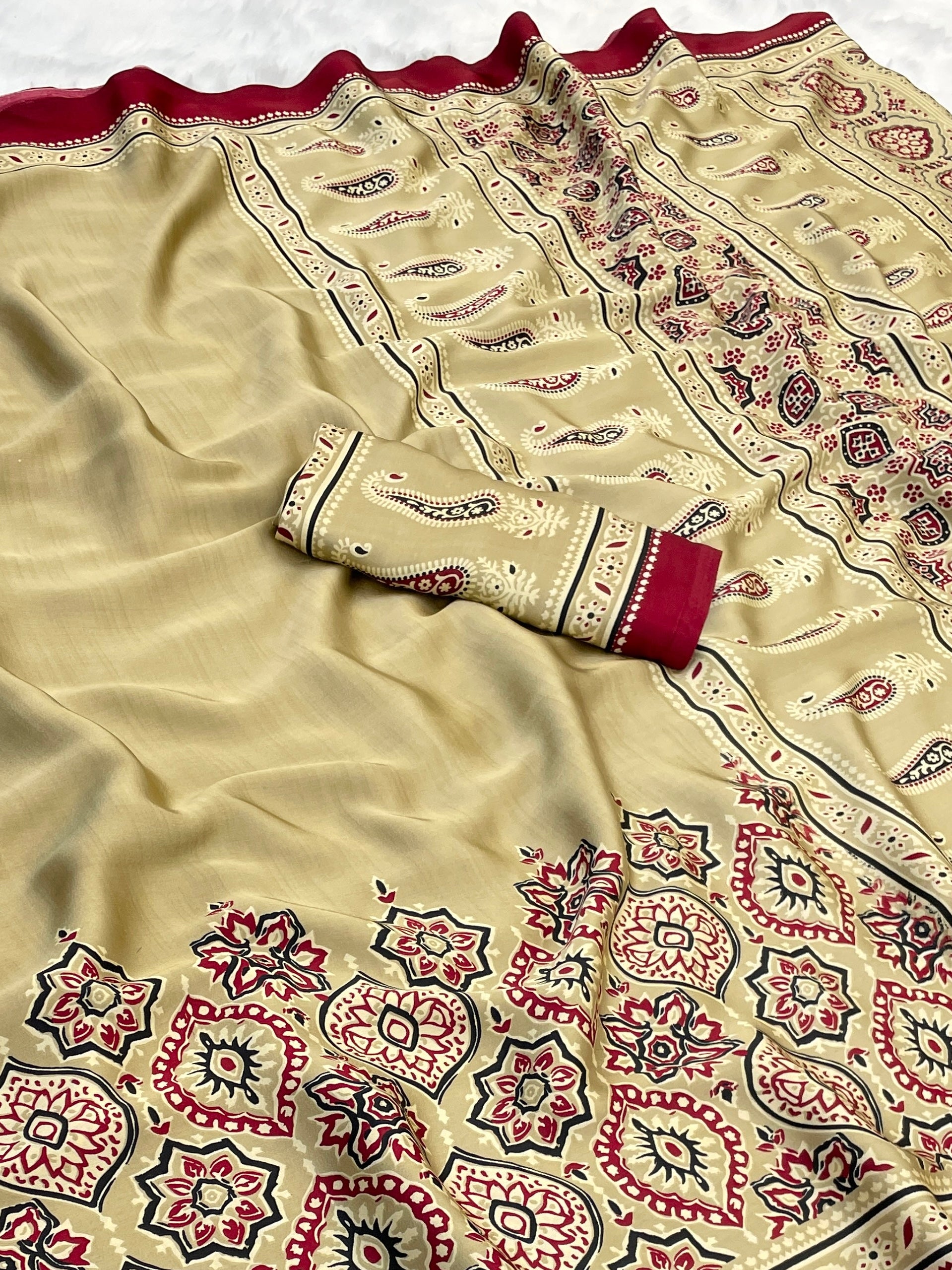 Saheli Cream Modal Silk Ajrakh Natural Print saree