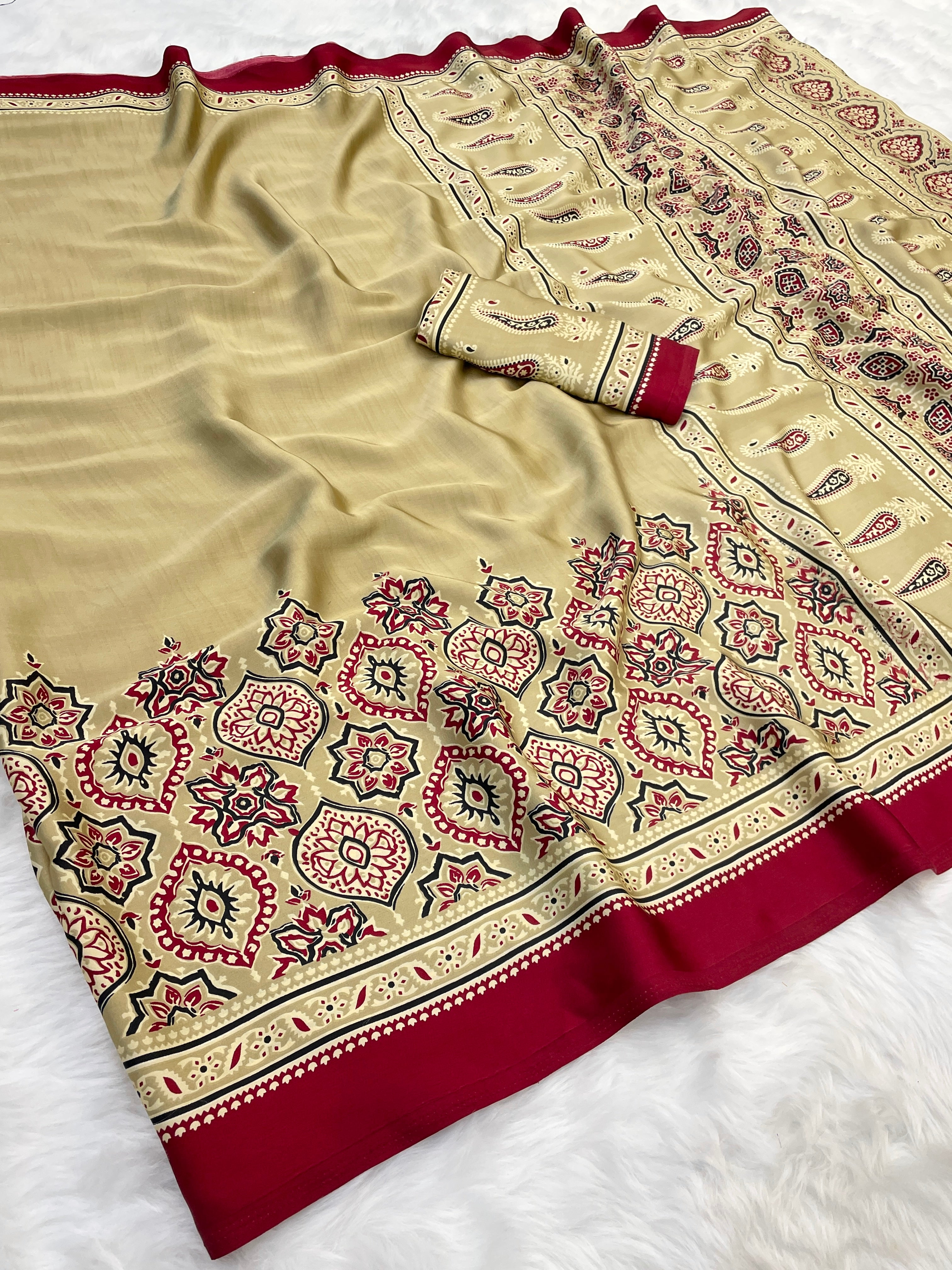 Saheli Cream Modal Silk Ajrakh Natural Print saree