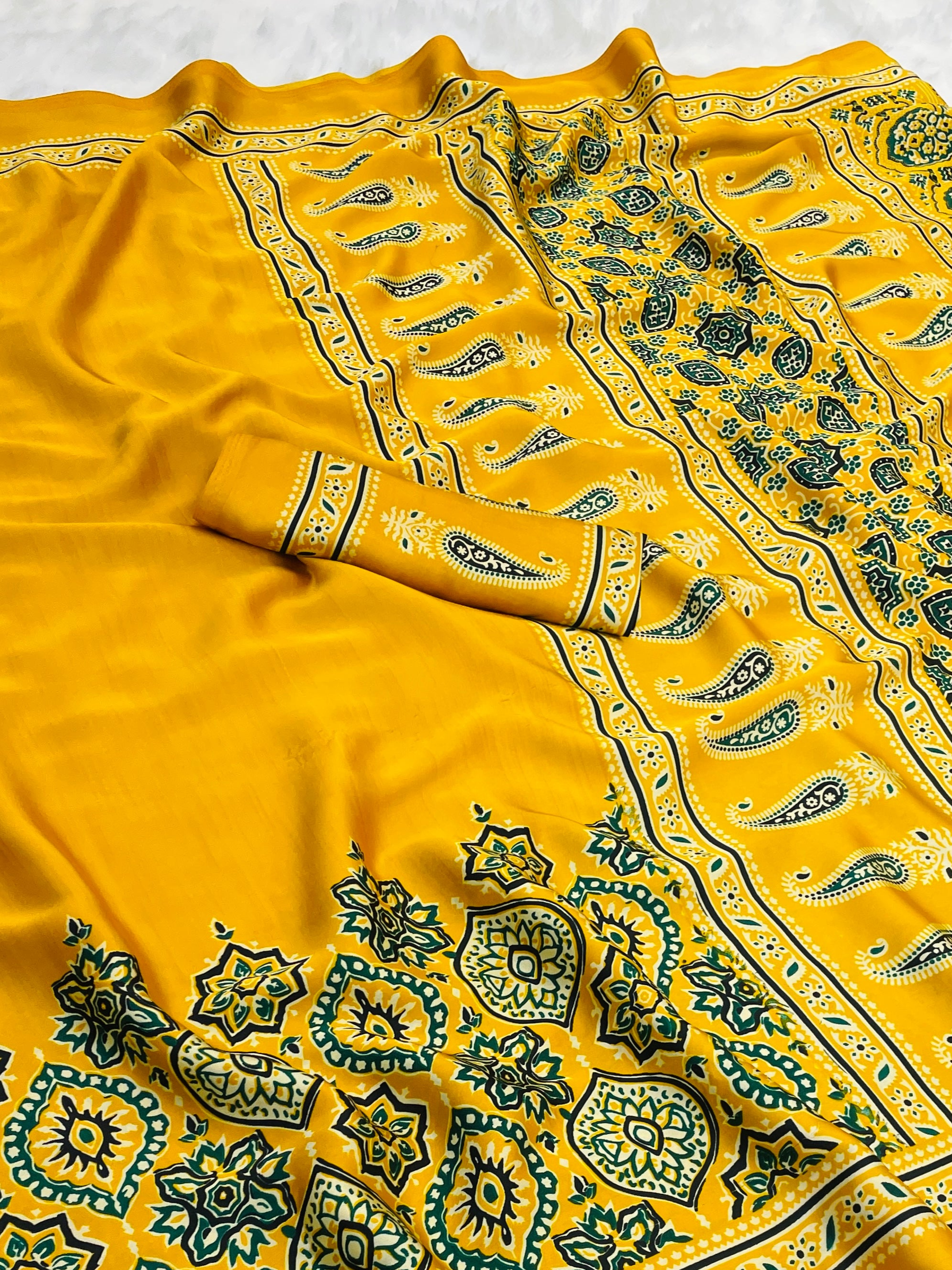 Saheli Yellow Modal Silk Ajrakh Natural Print saree