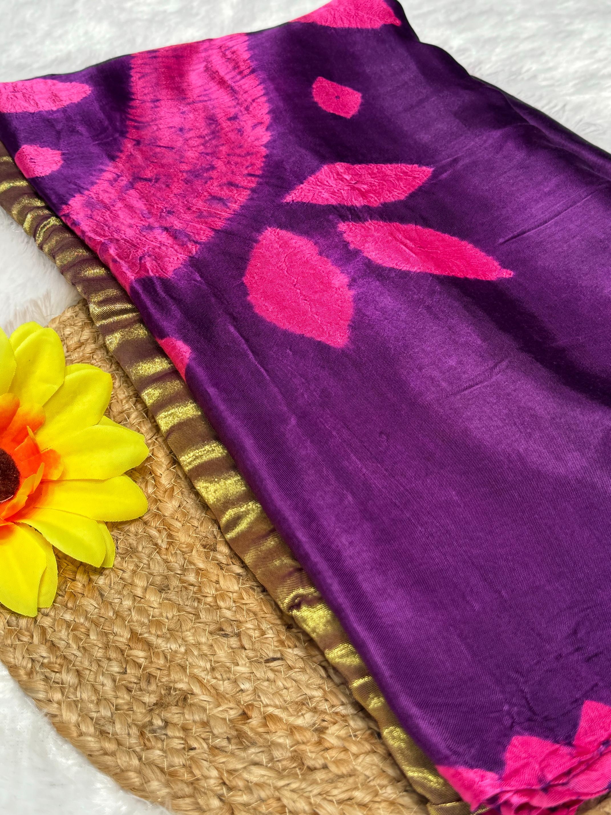 Majestic Shibori Bandhni Border Pure Modal Silk Plain With Lagdi Pallu Saree
