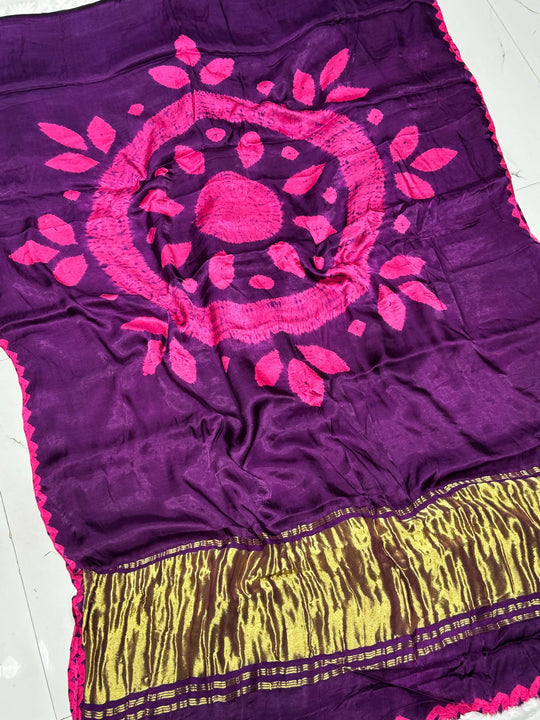 Majestic Shibori Bandhni Border Pure Modal Silk Plain With Lagdi Pallu Saree
