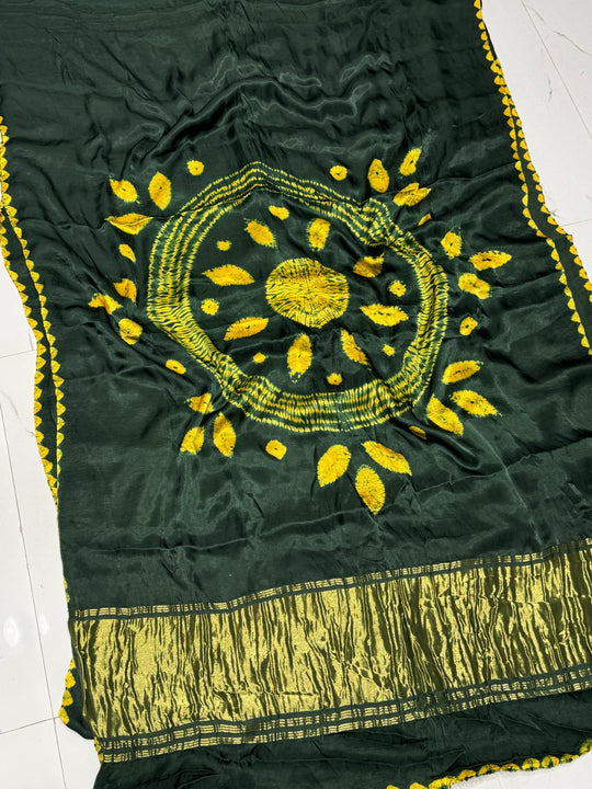 Moss Green Shibori Bandhni Border Pure Modal Silk Plain With Lagdi Pallu Saree