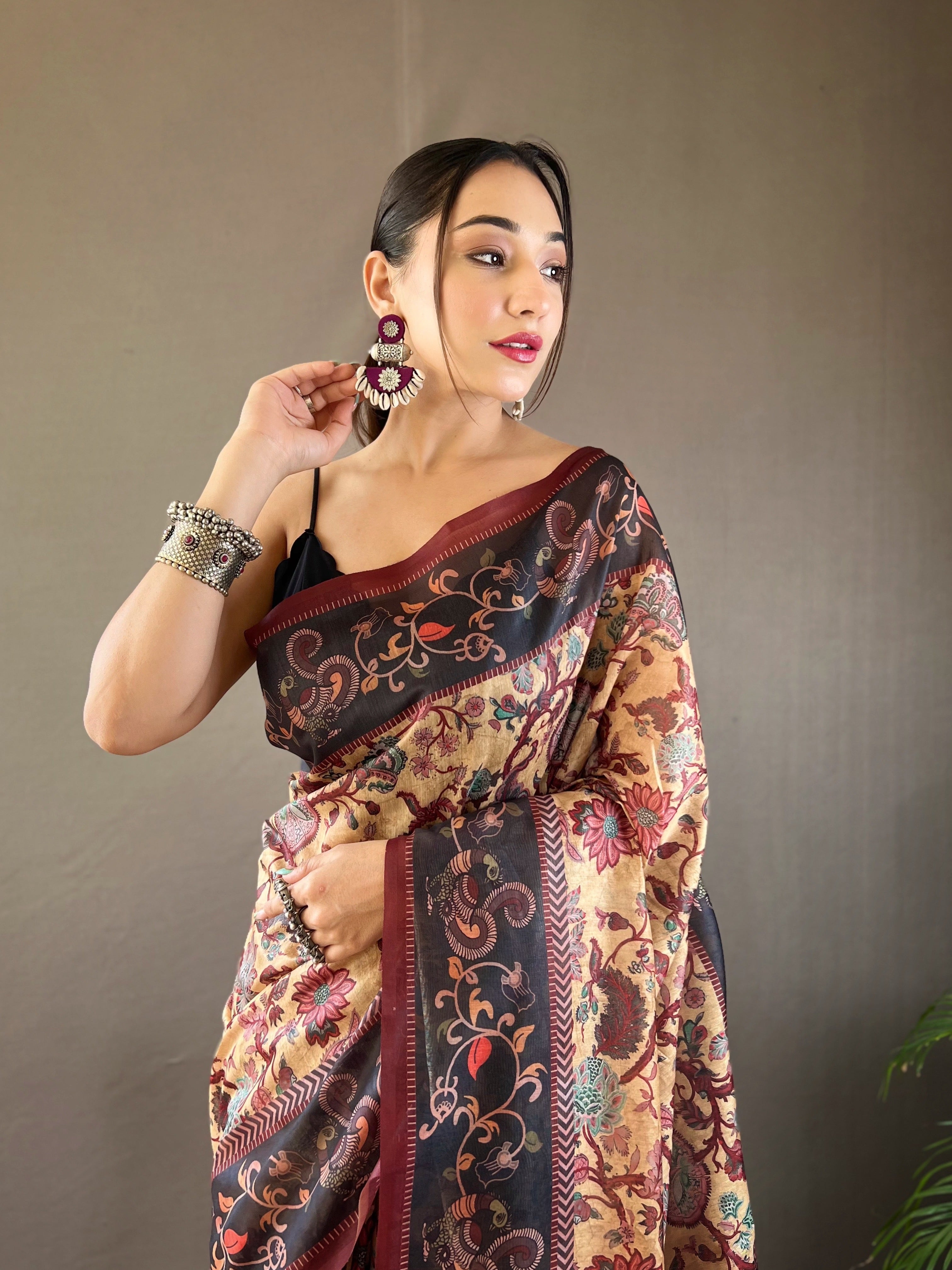 Peach Printed Soft Cotton Silk Saree With Tassels