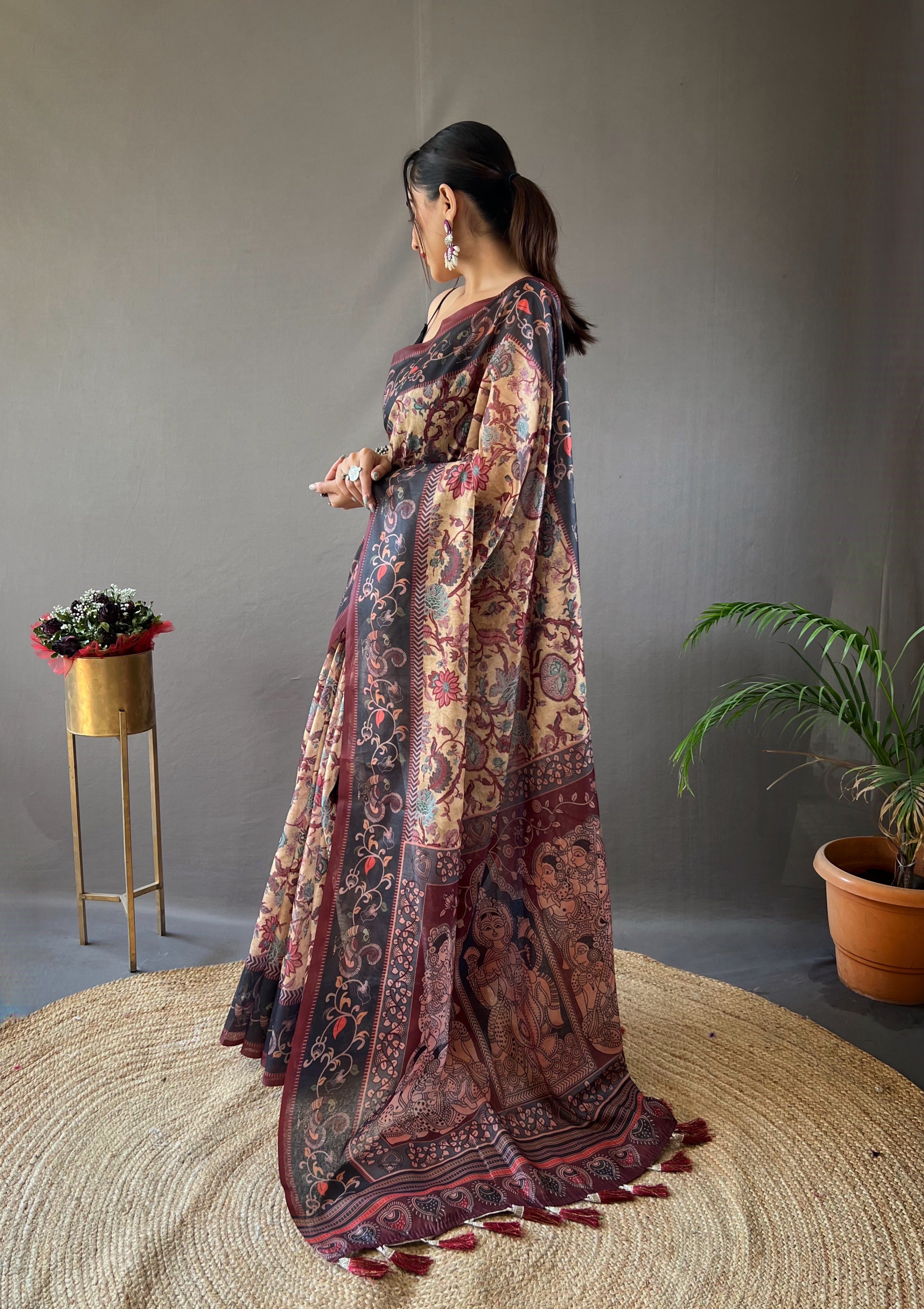 Peach Printed Soft Cotton Silk Saree With Tassels