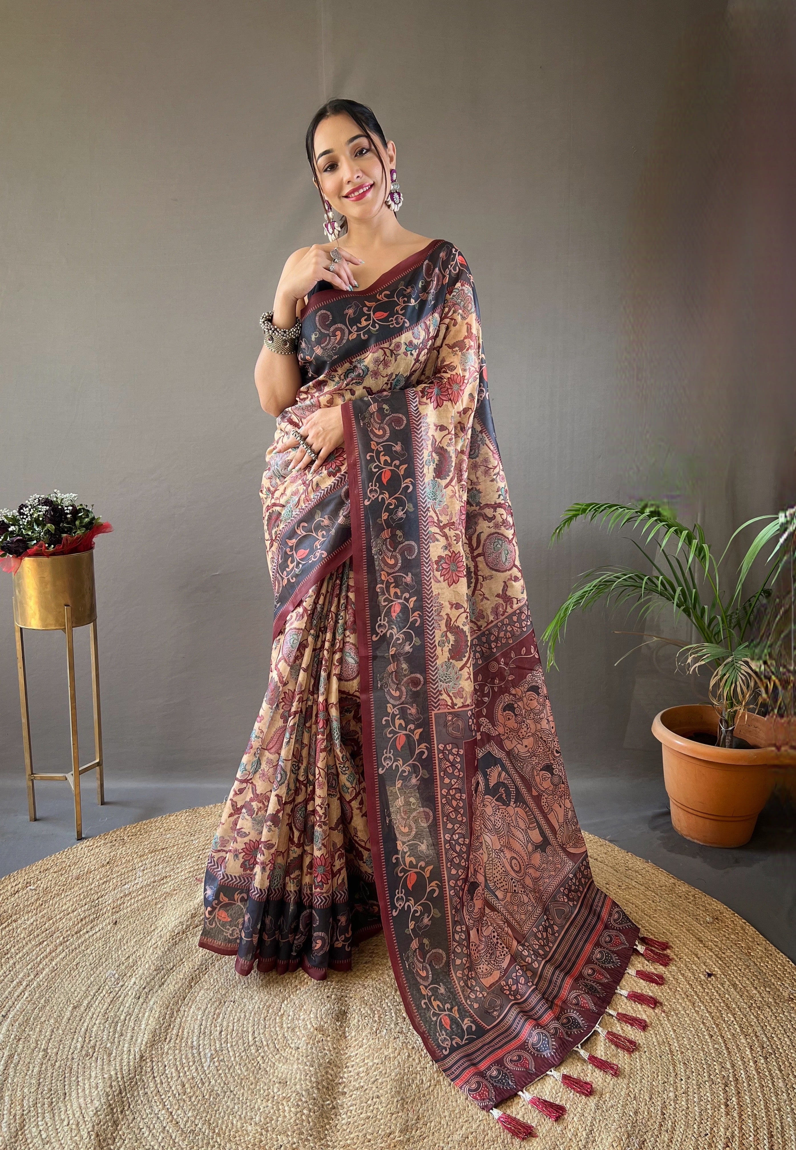 Peach Printed Soft Cotton Silk Saree With Tassels