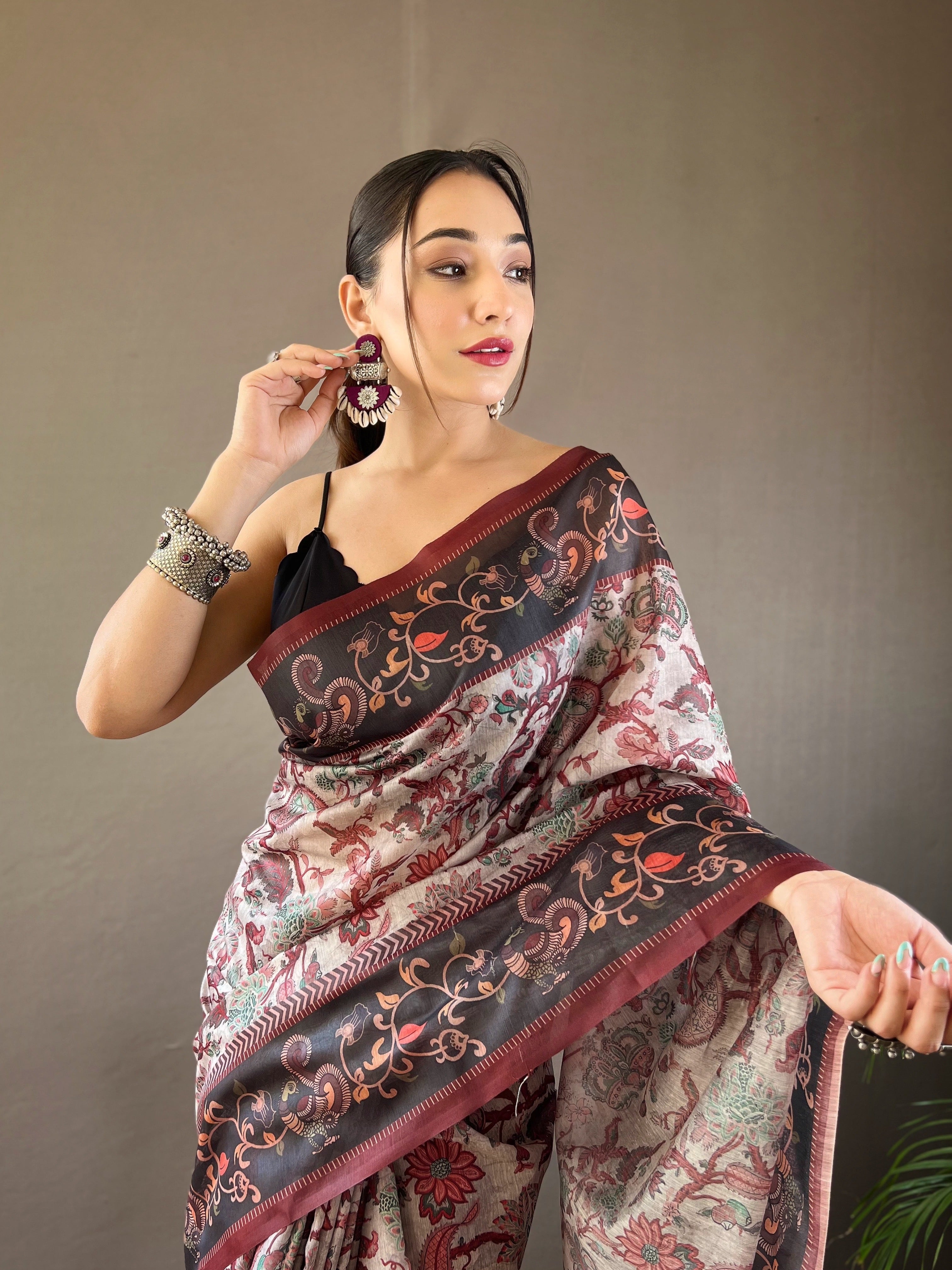 Smokey grey  Printed Soft Cotton Silk Saree With Tassels