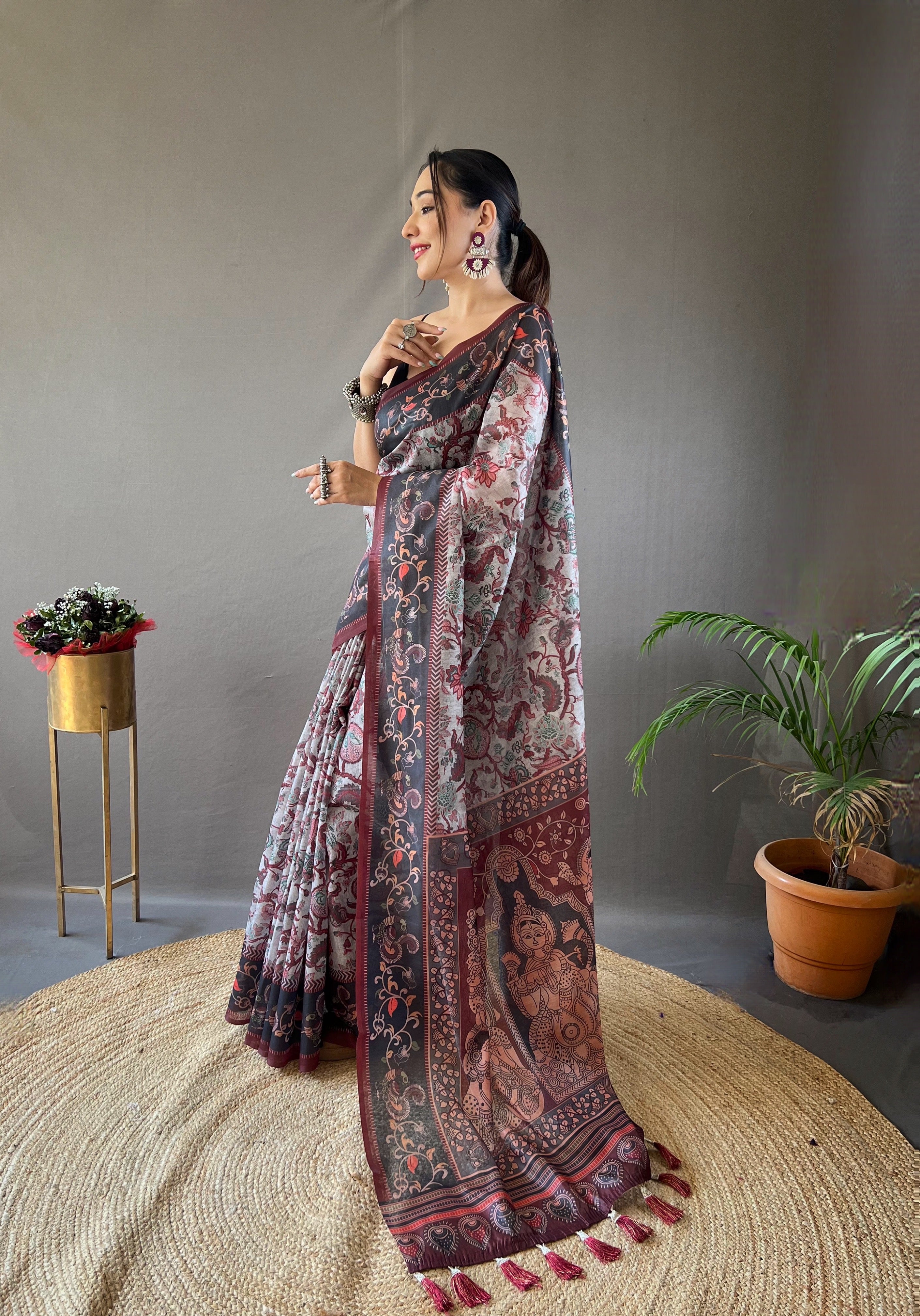 Smokey grey  Printed Soft Cotton Silk Saree With Tassels