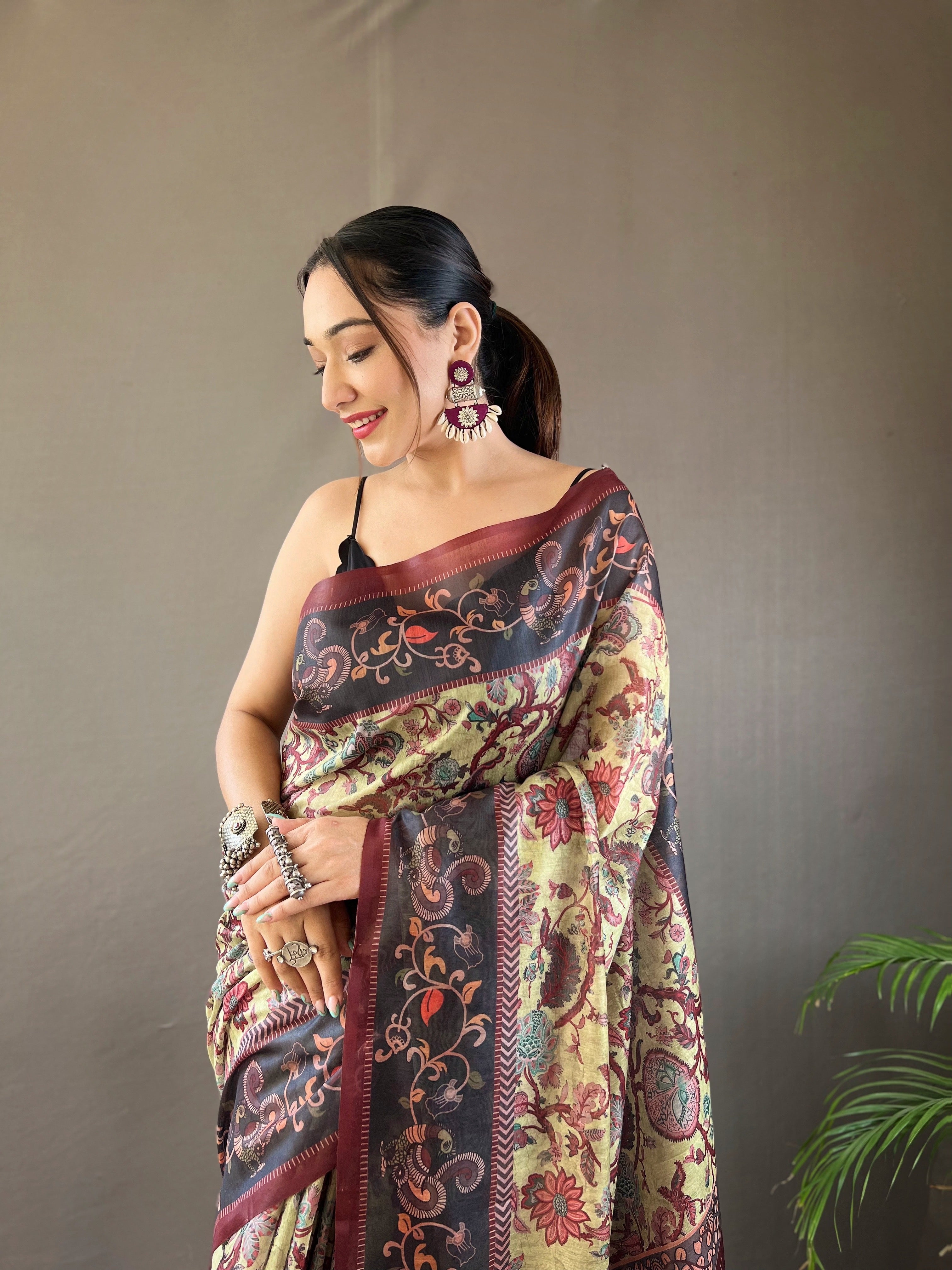 Saga Green Printed Soft Cotton Silk Saree With Tassels