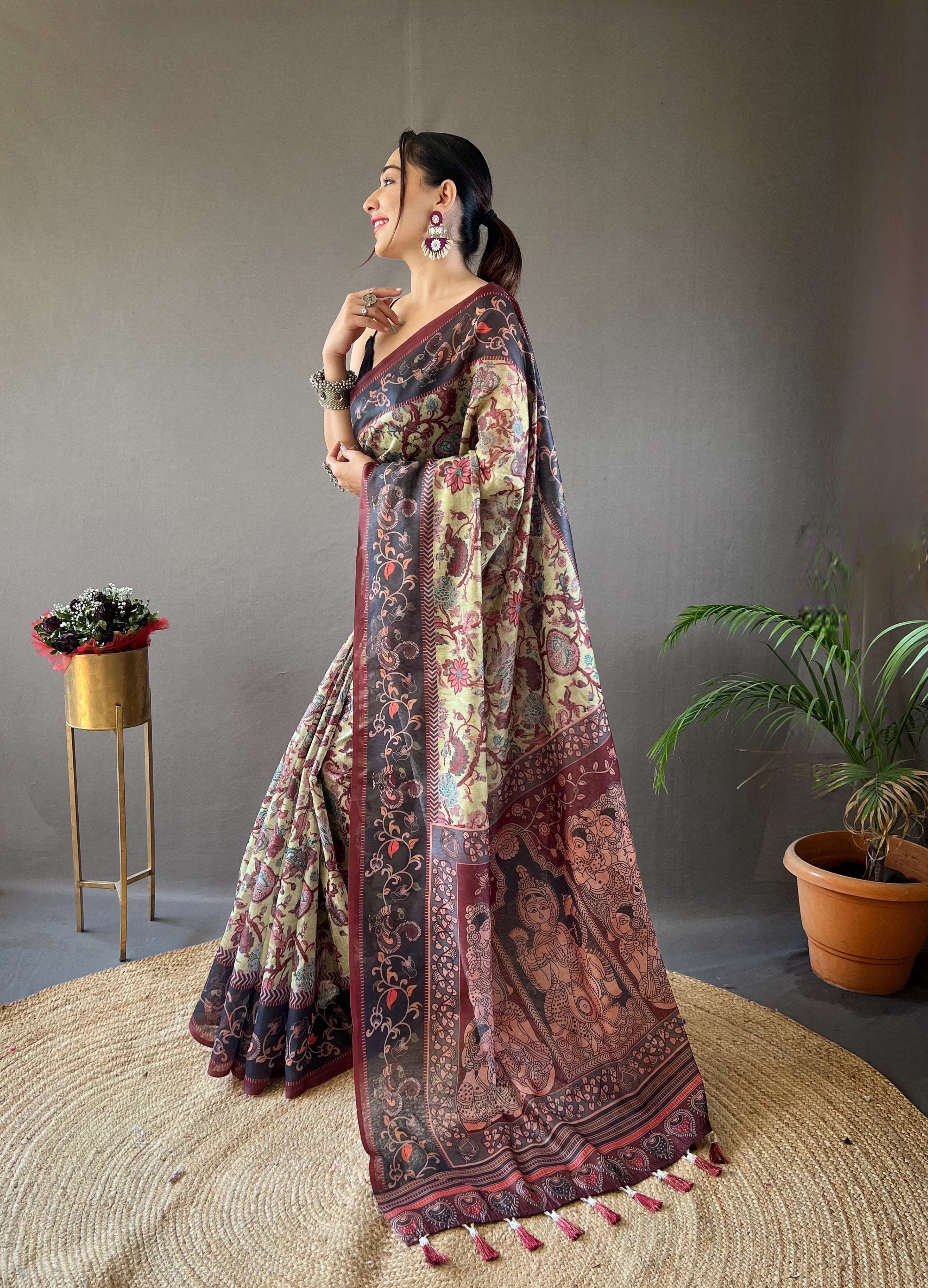 Saga Green Printed Soft Cotton Silk Saree With Tassels