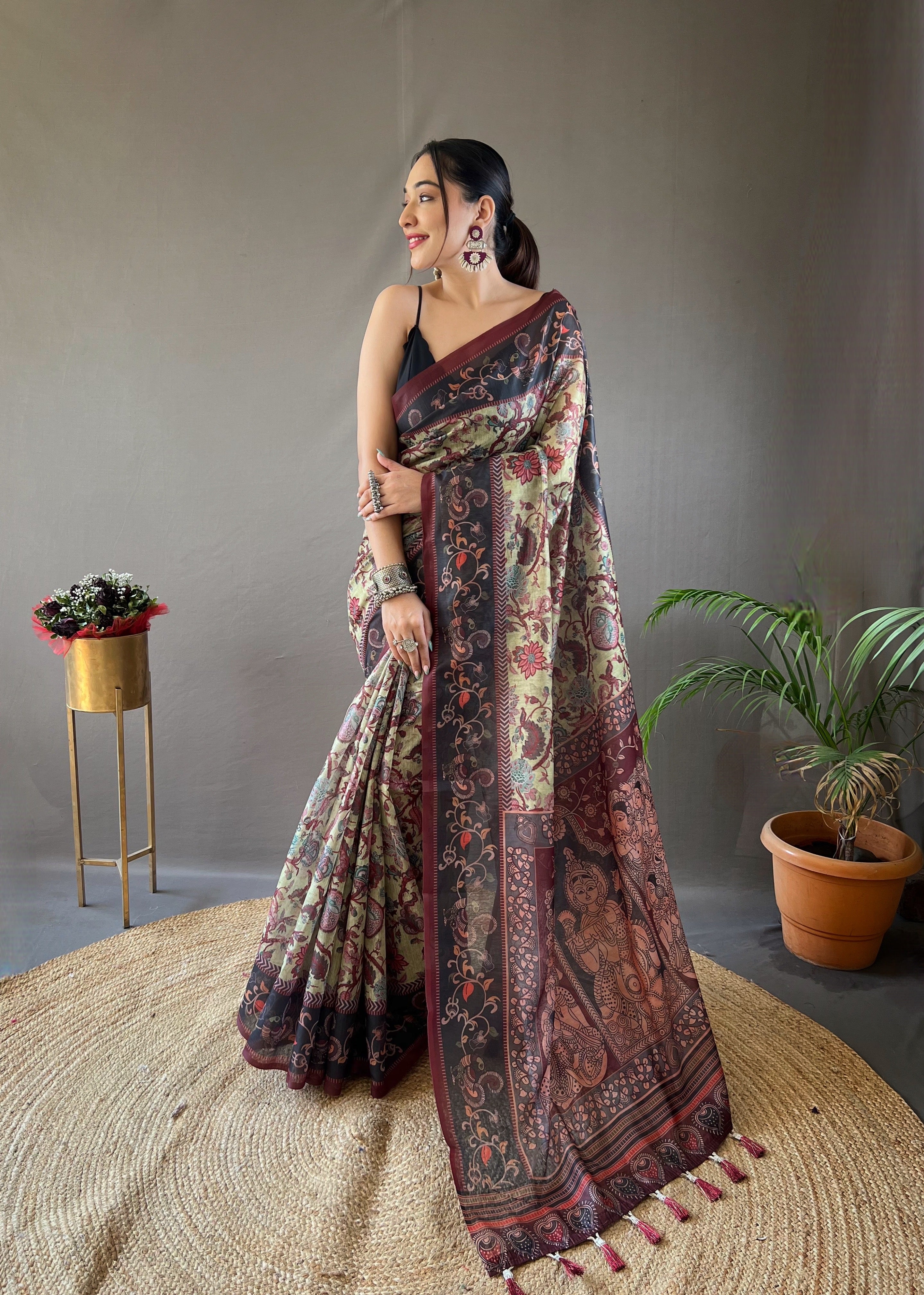 Saga Green Printed Soft Cotton Silk Saree With Tassels
