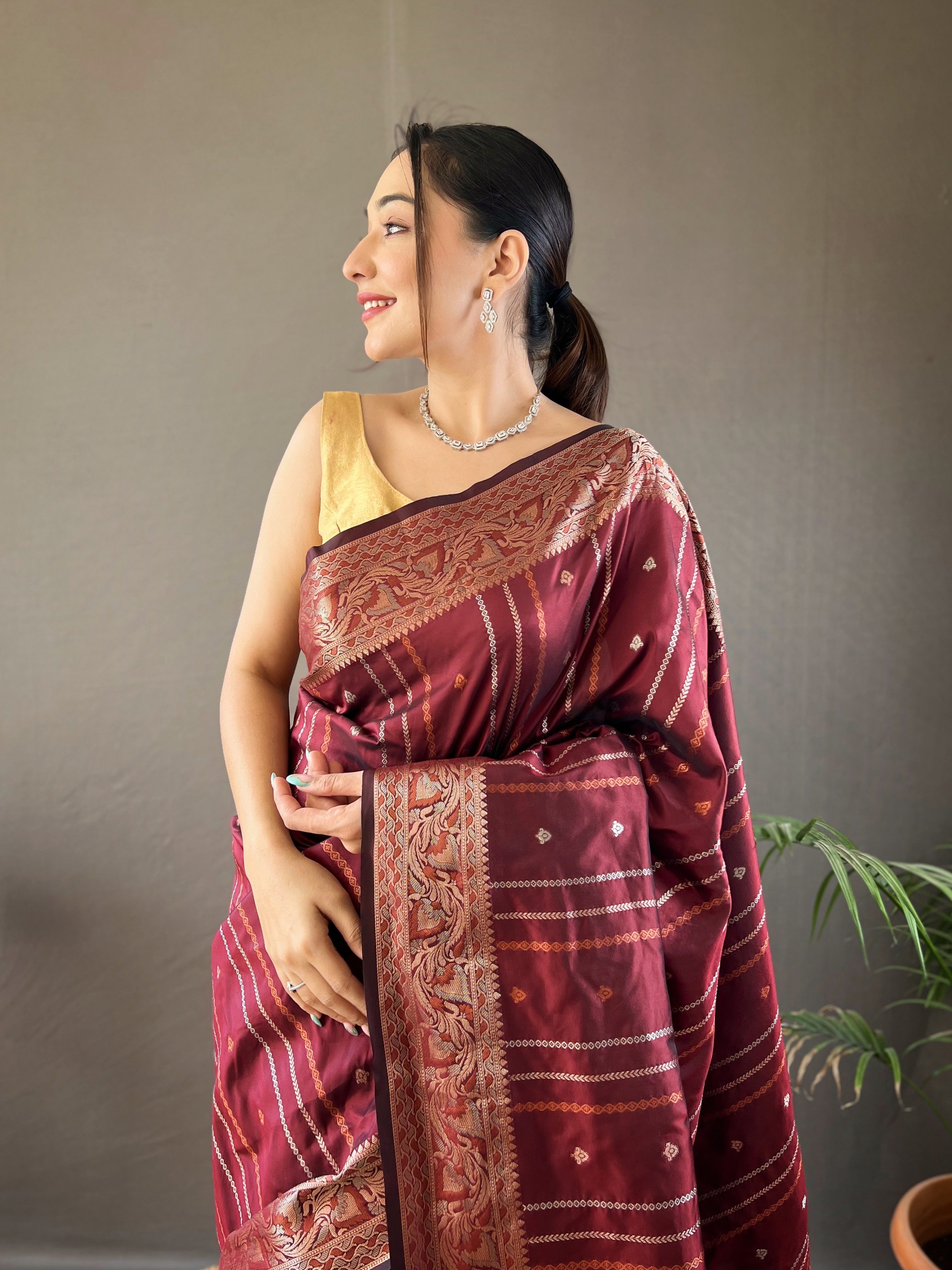 Maroon Zari Weaving Banarasi Silk Saree