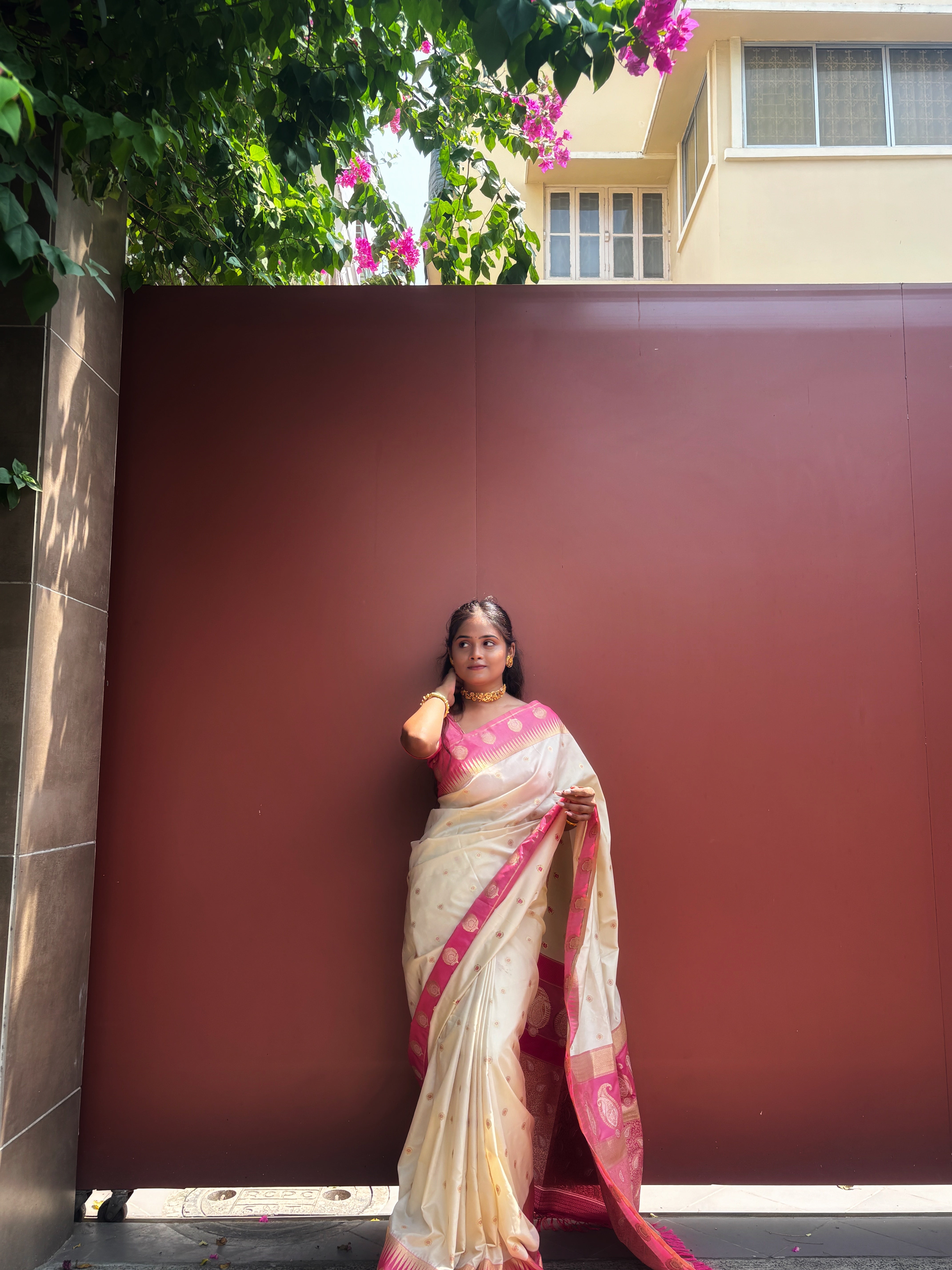 Cherry Cream Pure Soft Banarasi Silk Weaving Saree