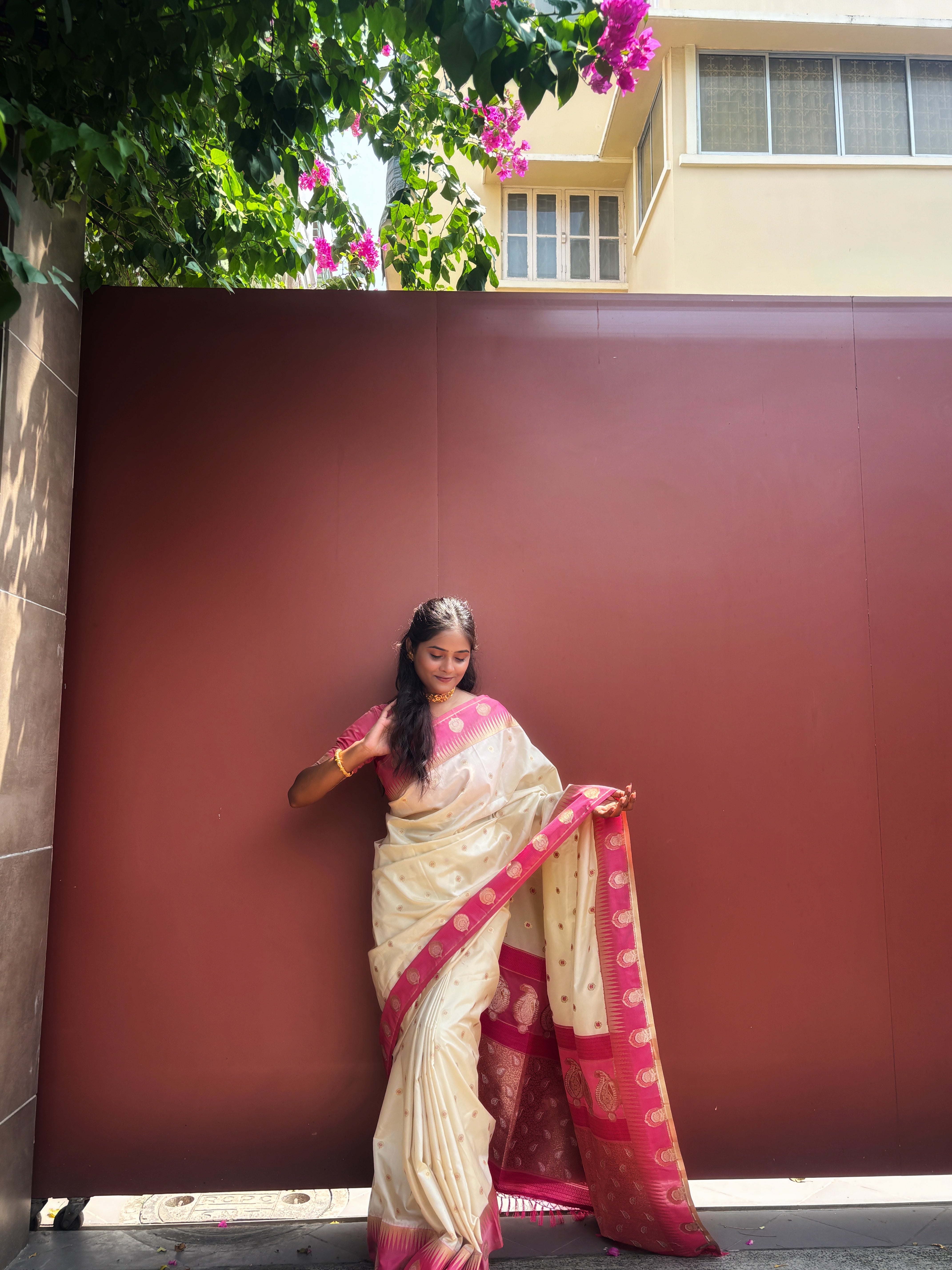 Cherry Cream Pure Soft Banarasi Silk Weaving Saree