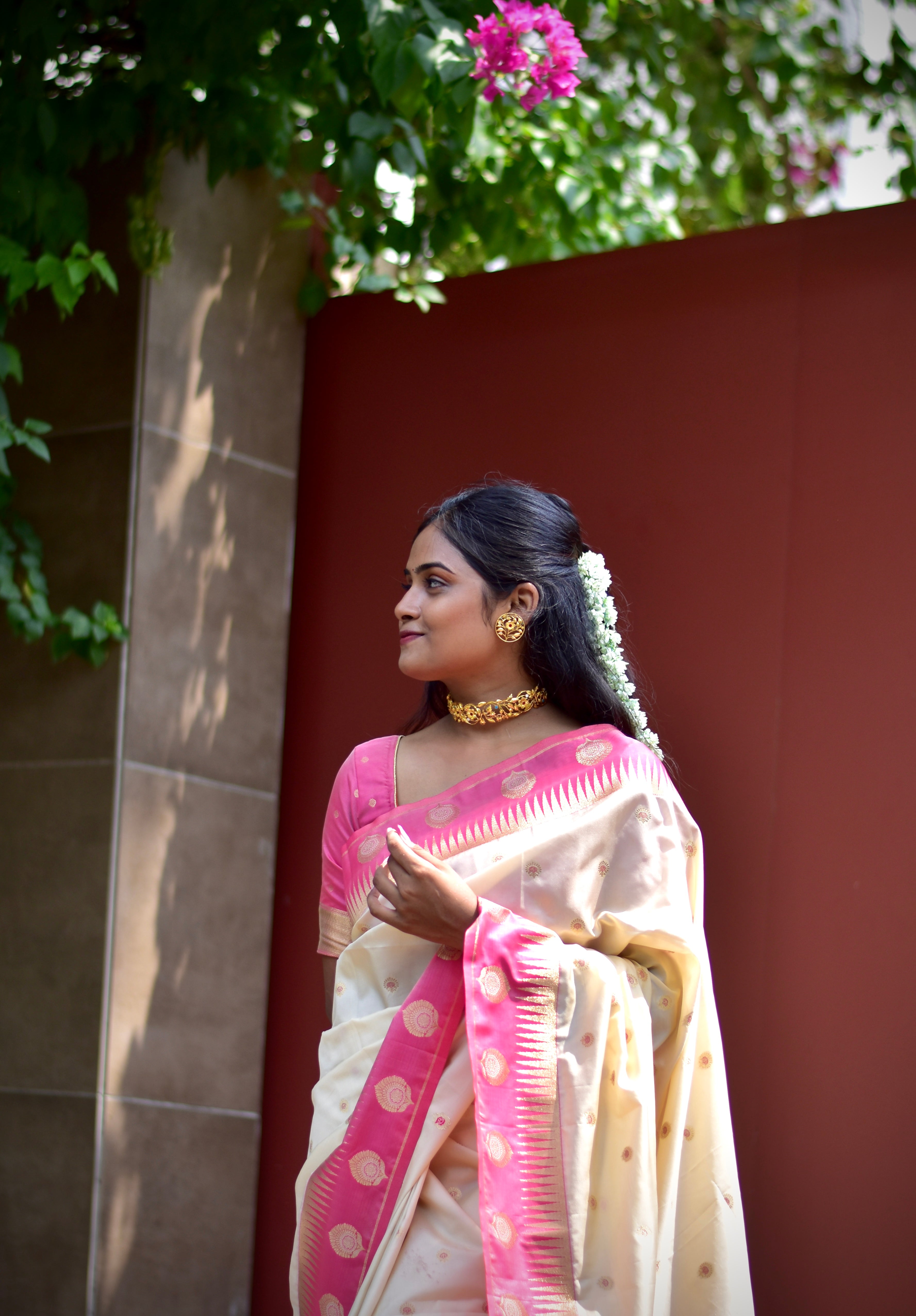 Cherry Cream Pure Soft Banarasi Silk Weaving Saree