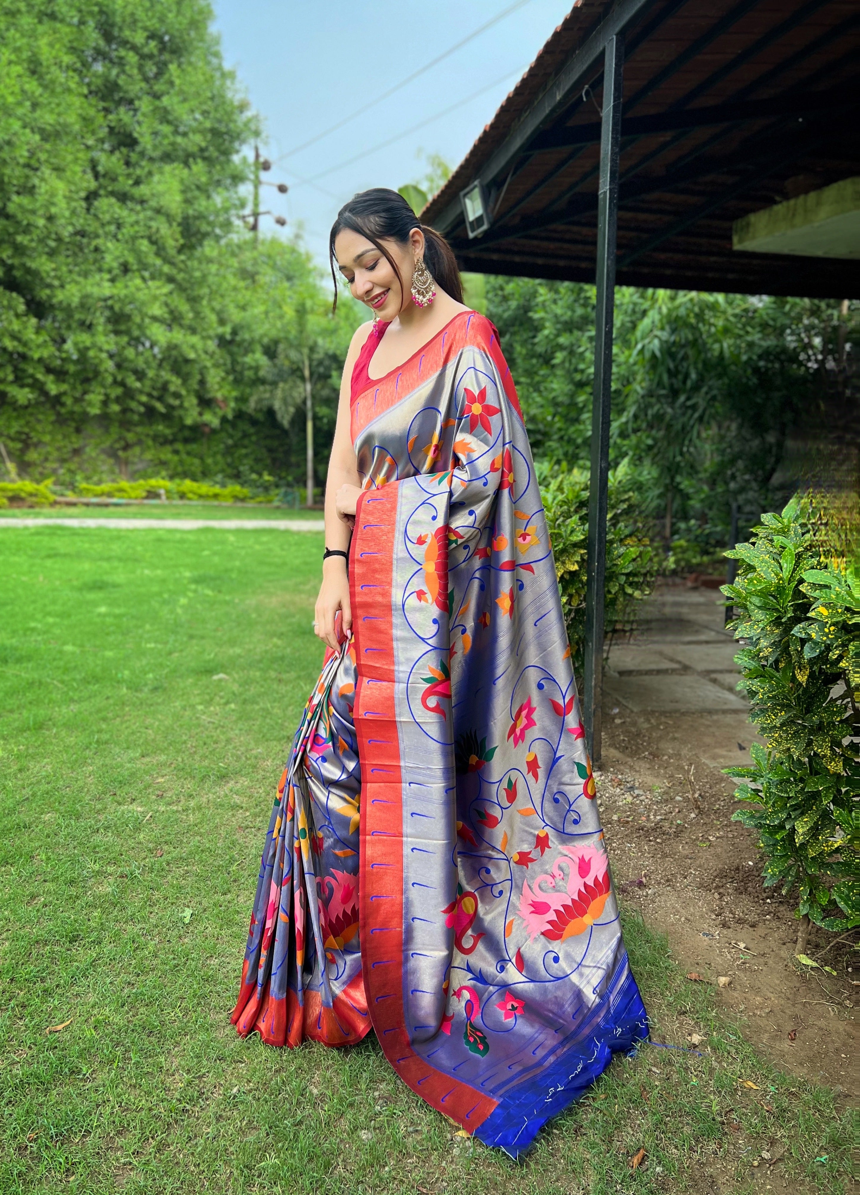 Ocean blue Zari Weaving Paithani Silk Saree