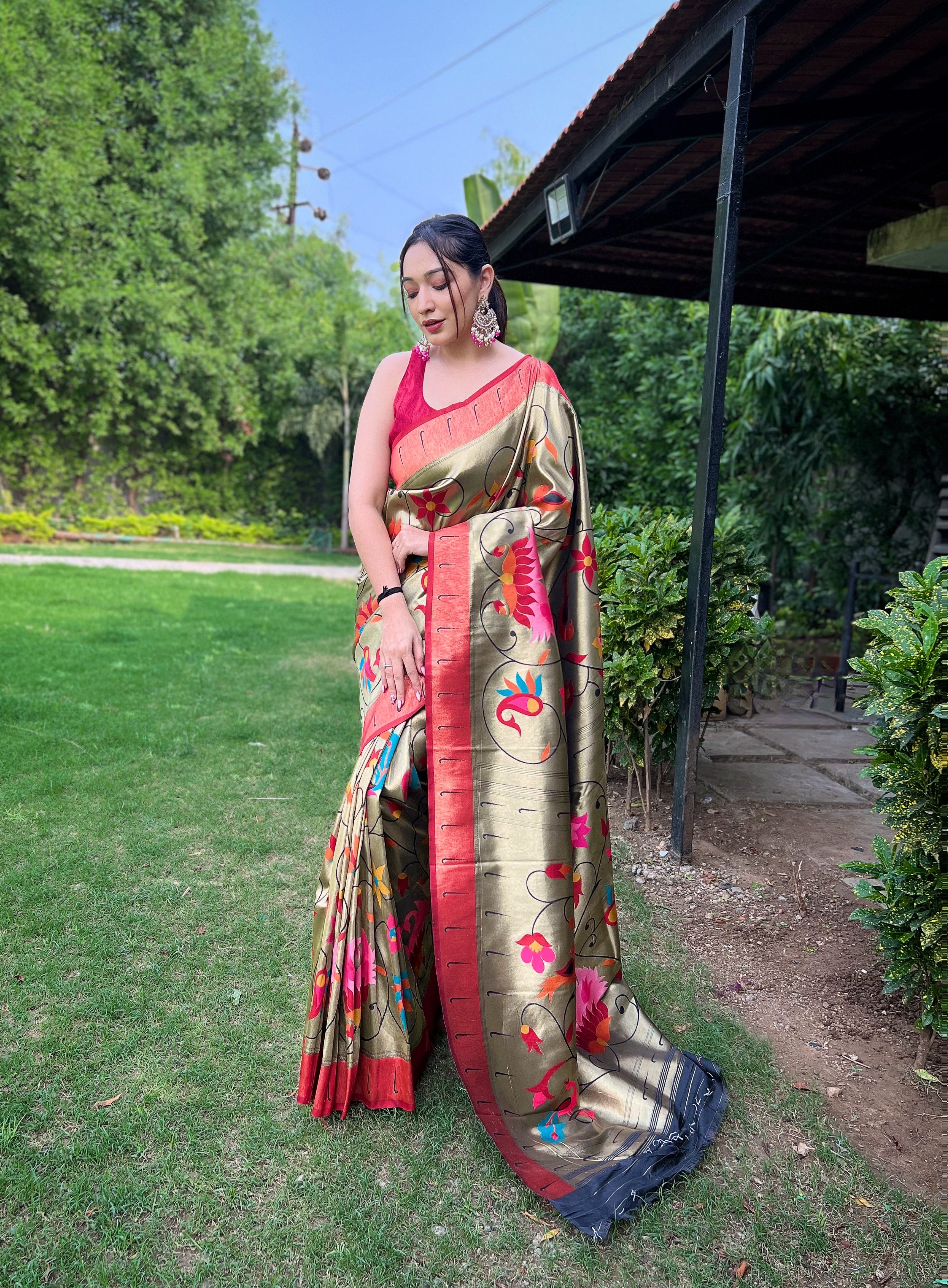 Army green Zari Weaving Paithani Silk Saree