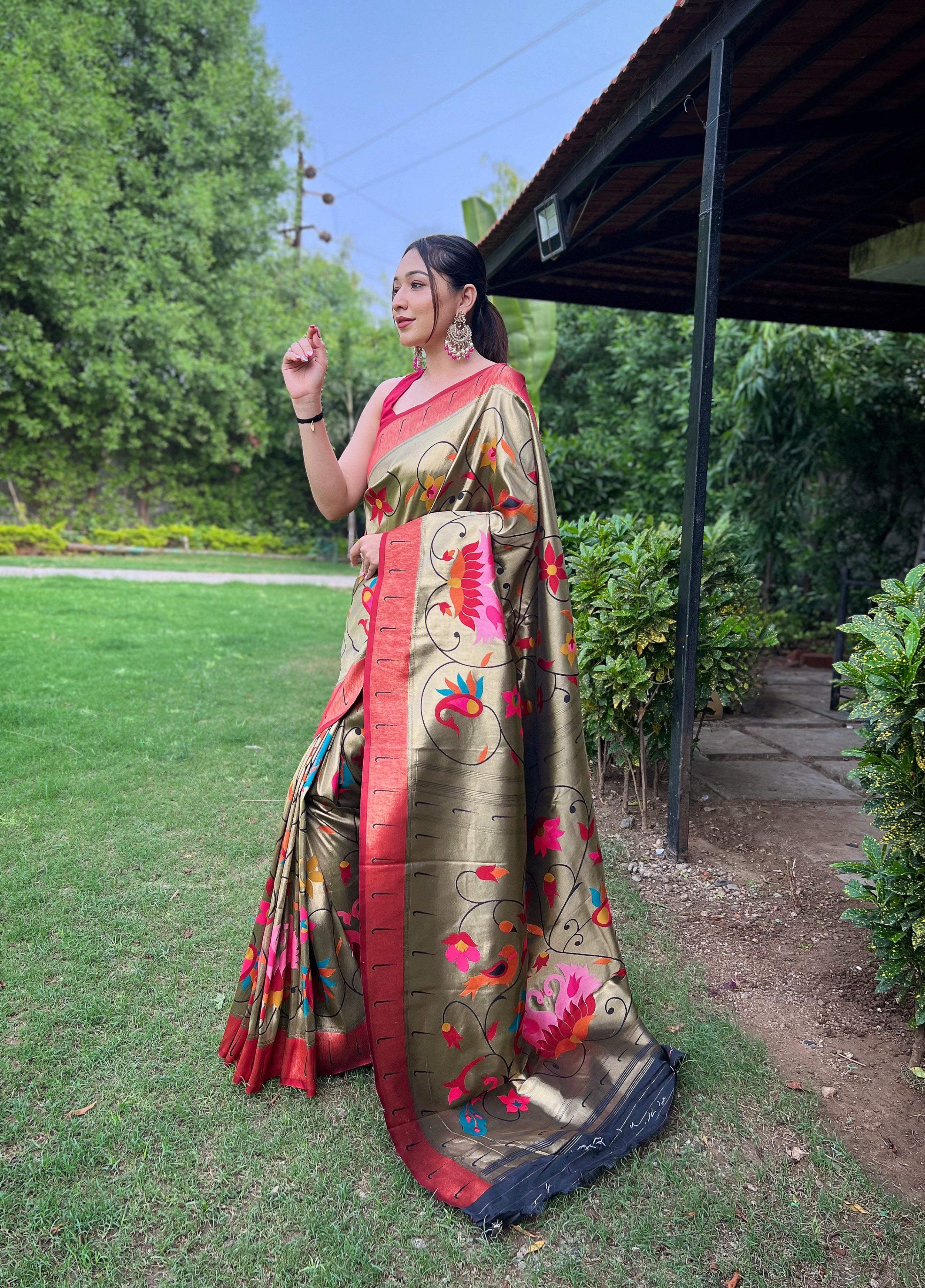 Army green Zari Weaving Paithani Silk Saree
