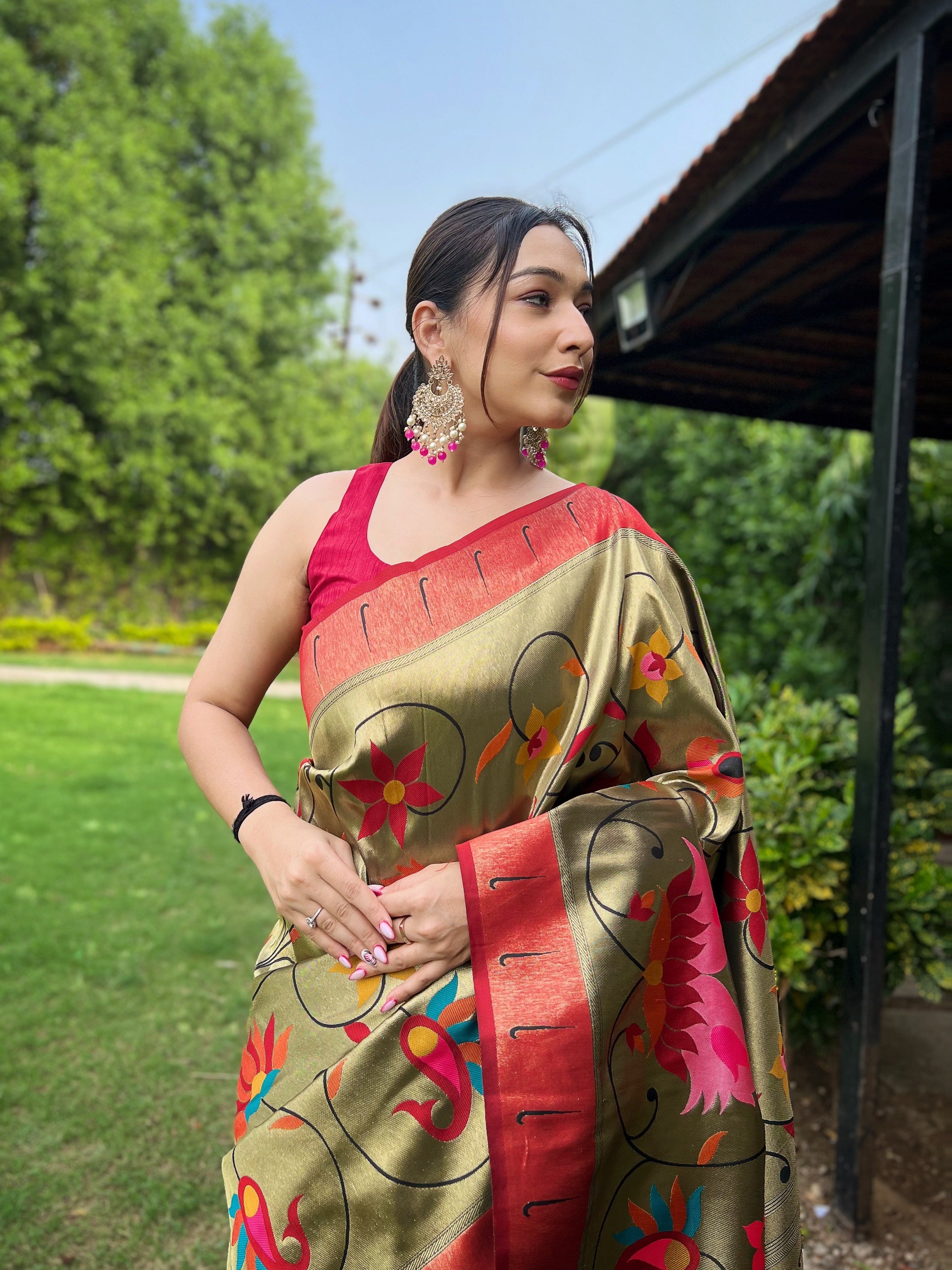 Army green Zari Weaving Paithani Silk Saree