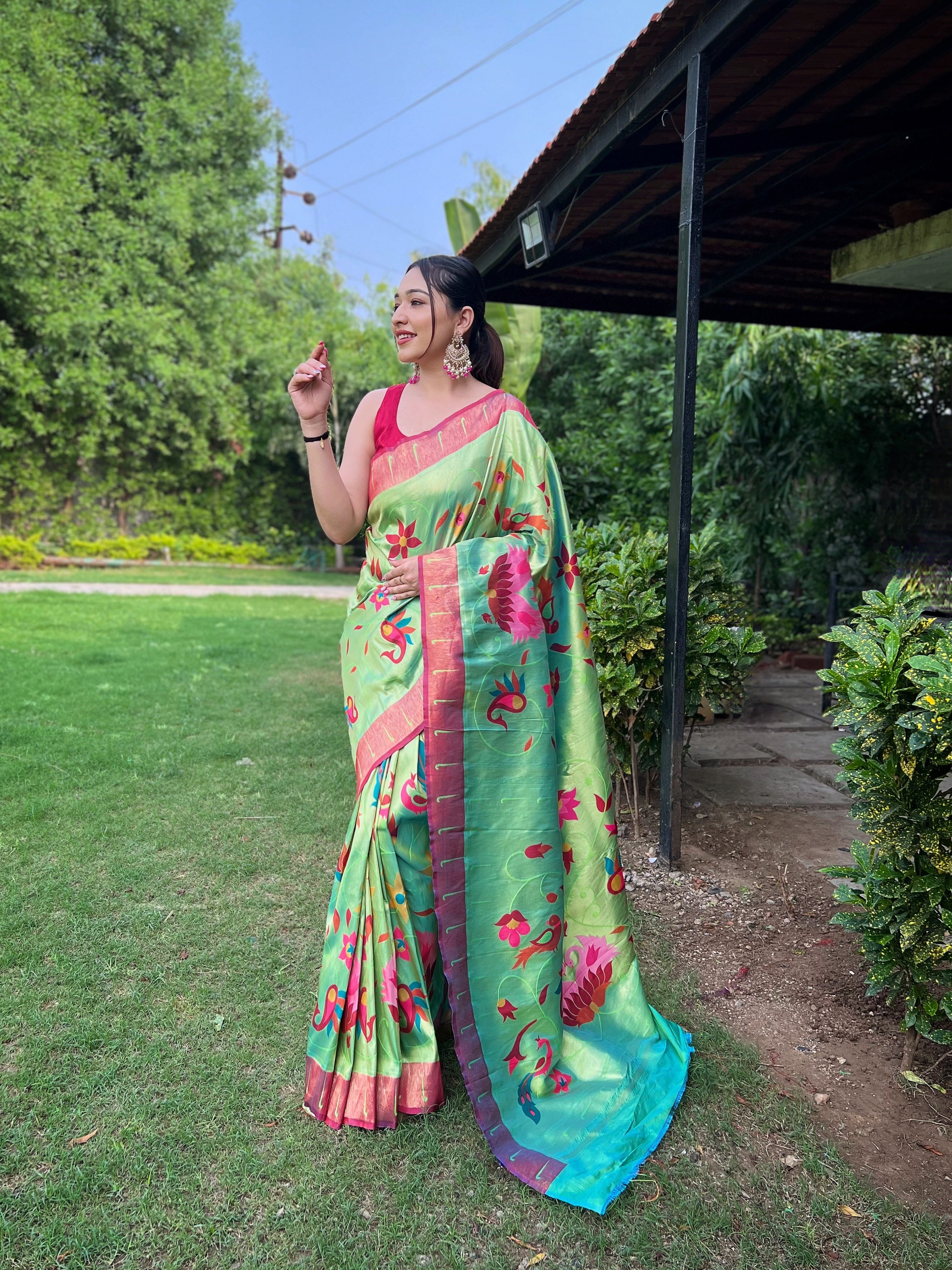 Acid green Zari Weaving Paithani Silk Saree