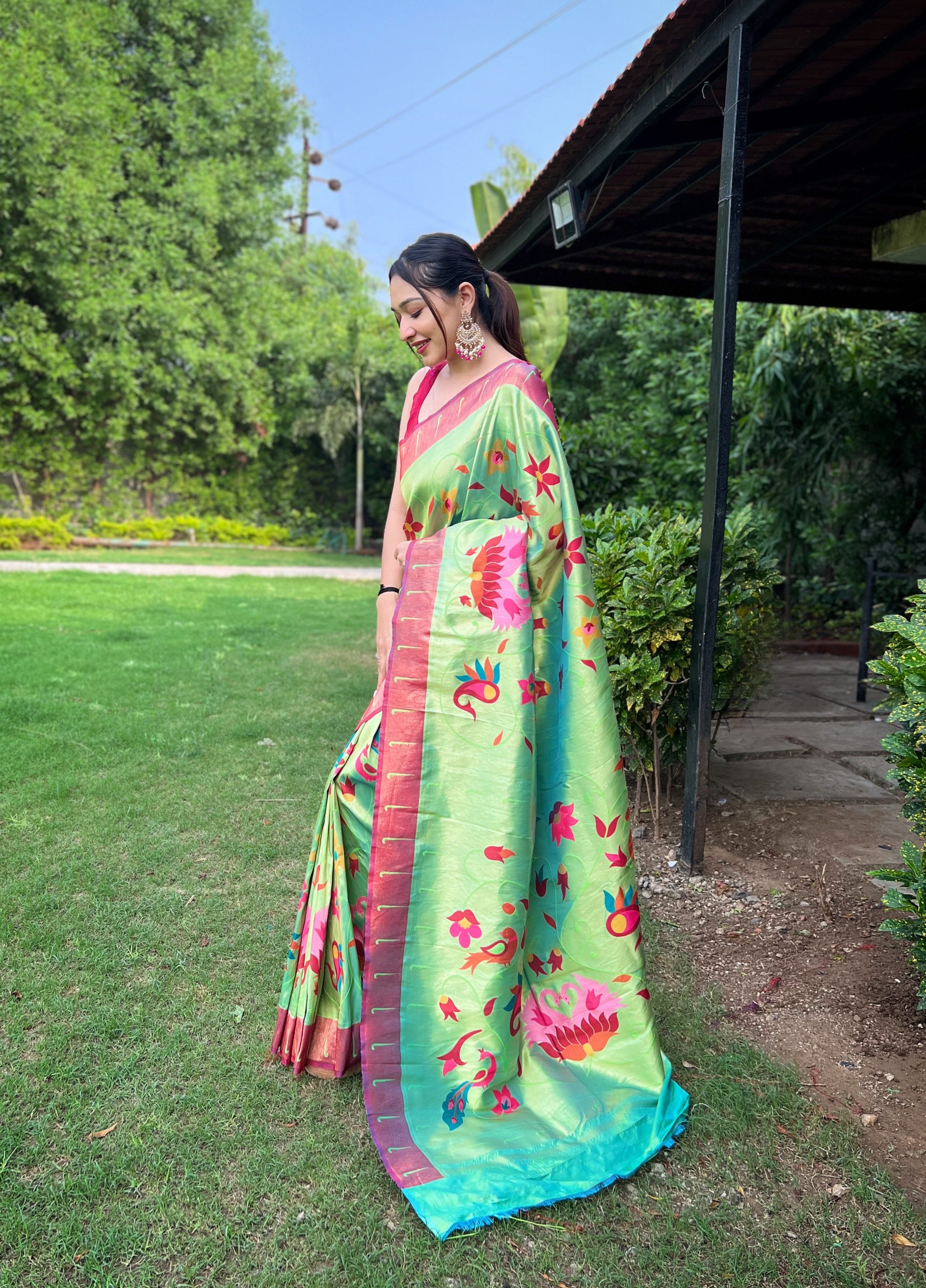 Acid green Zari Weaving Paithani Silk Saree