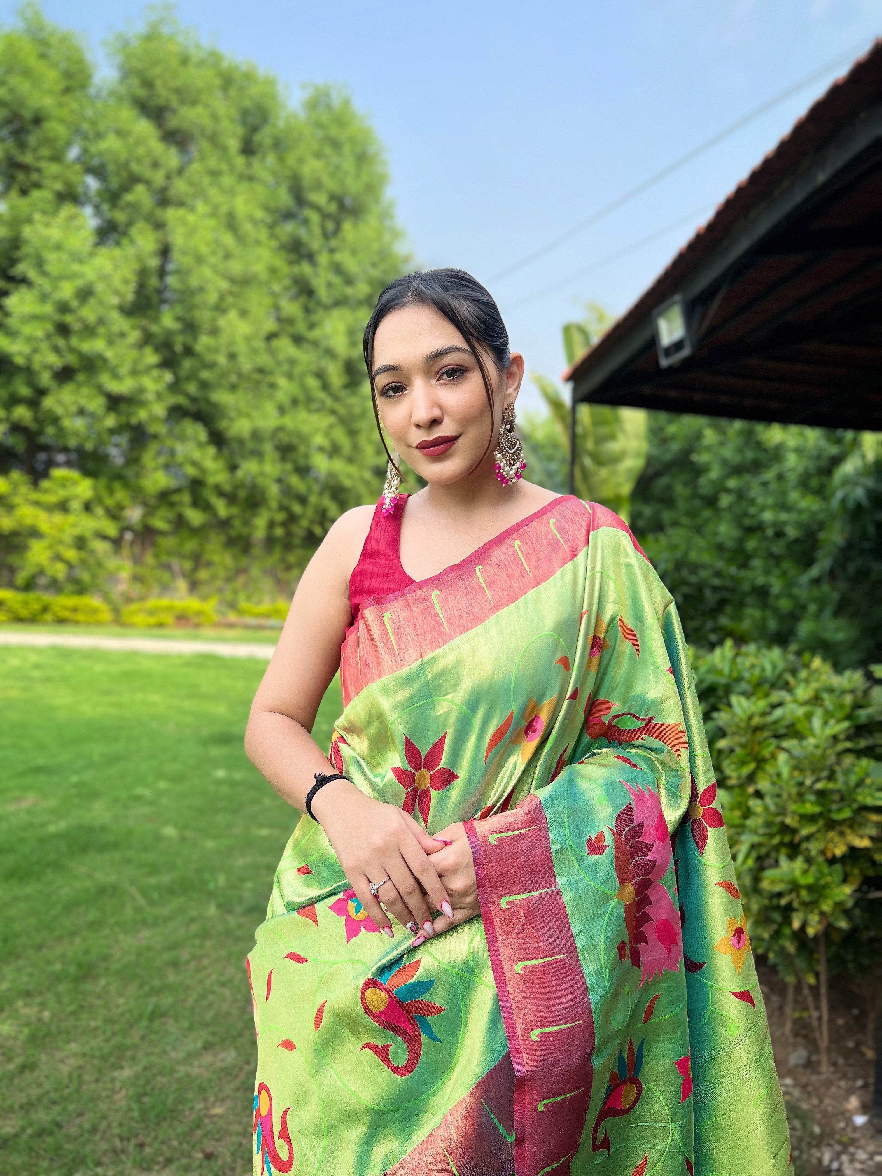 Acid green Zari Weaving Paithani Silk Saree