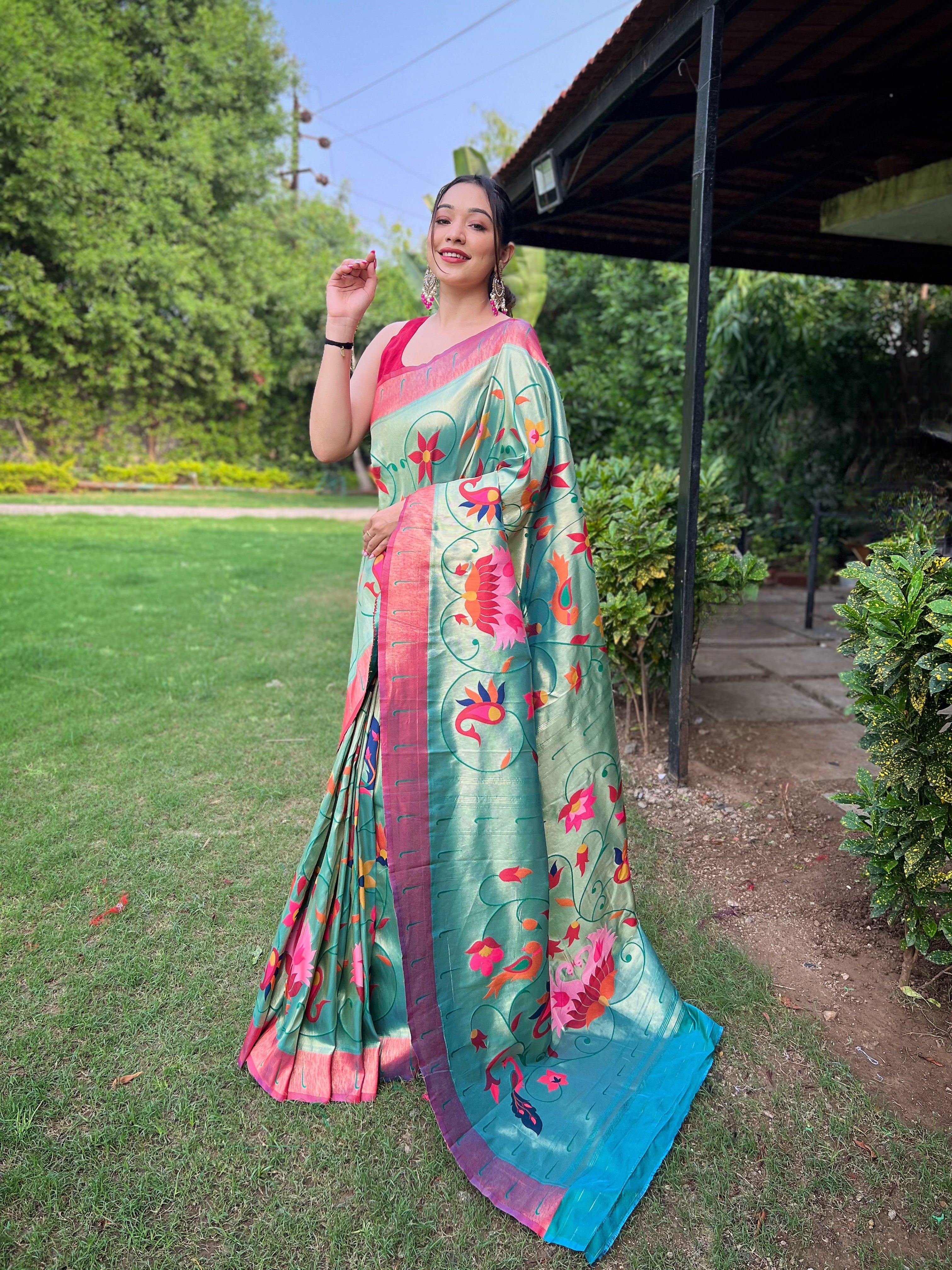 Crystal blue Zari Weaving Paithani Silk Saree