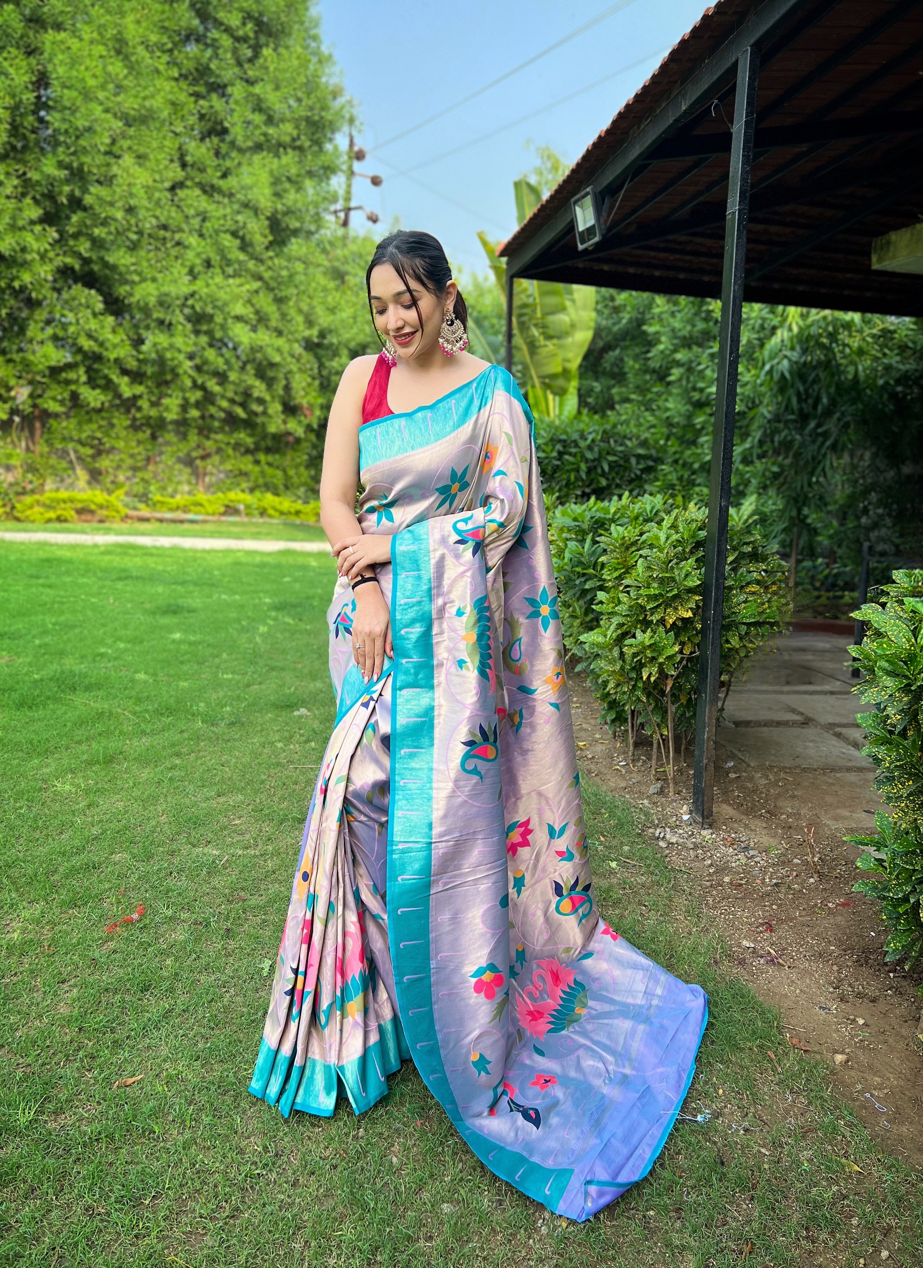 Grey Goose Zari Weaving Paithani Silk Saree