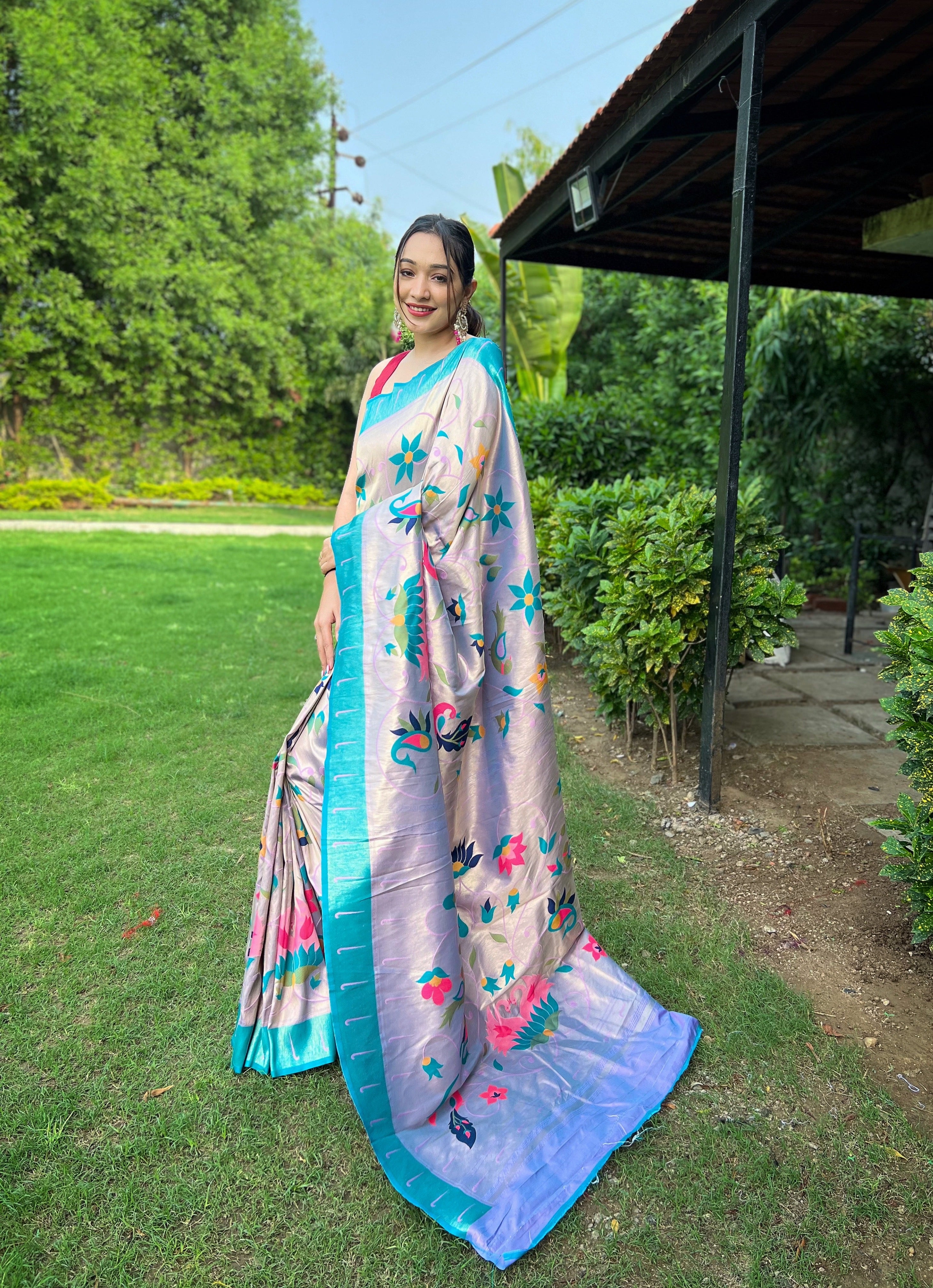 Grey Goose Zari Weaving Paithani Silk Saree