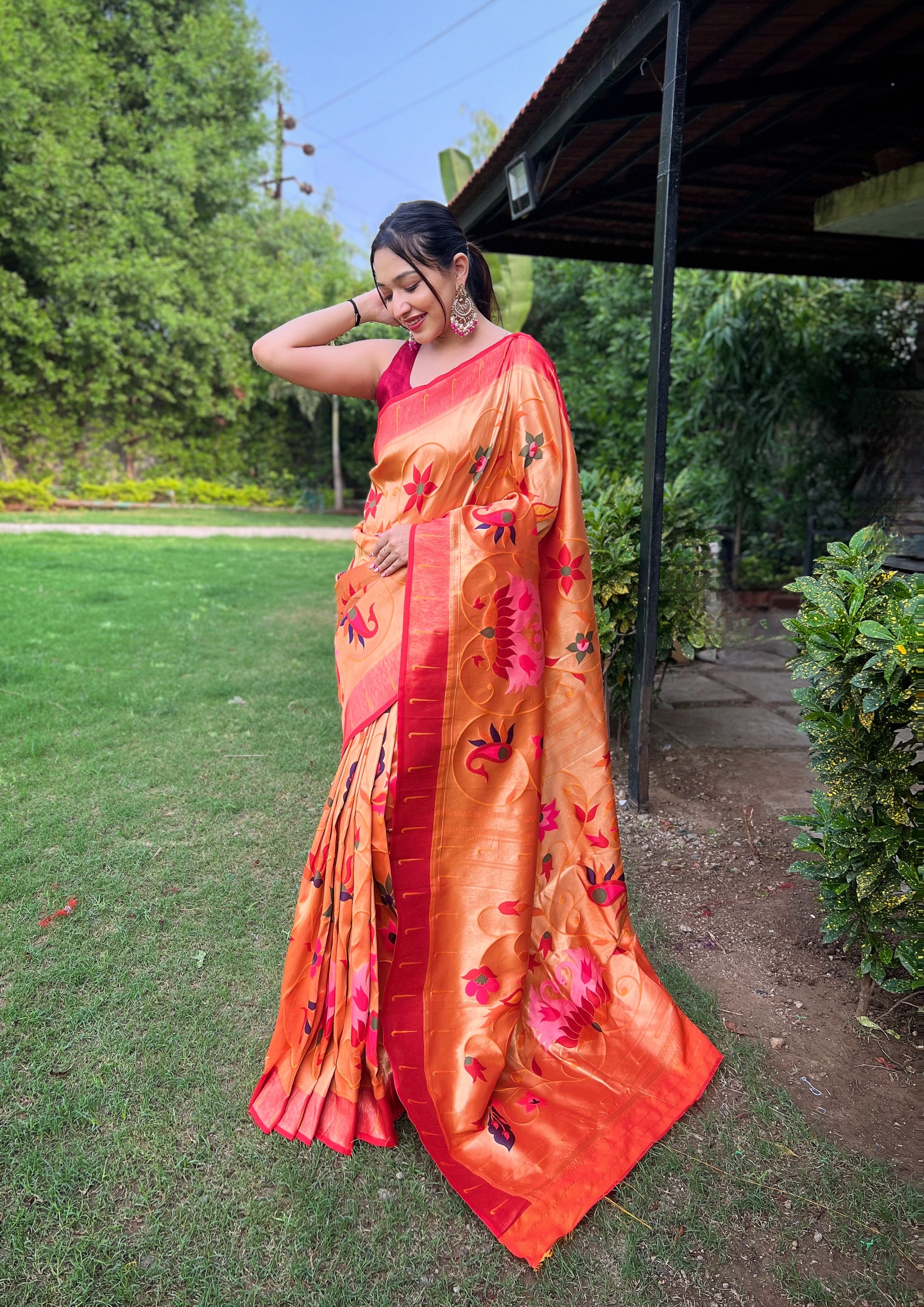 Orange Zari Weaving Paithani Silk Saree