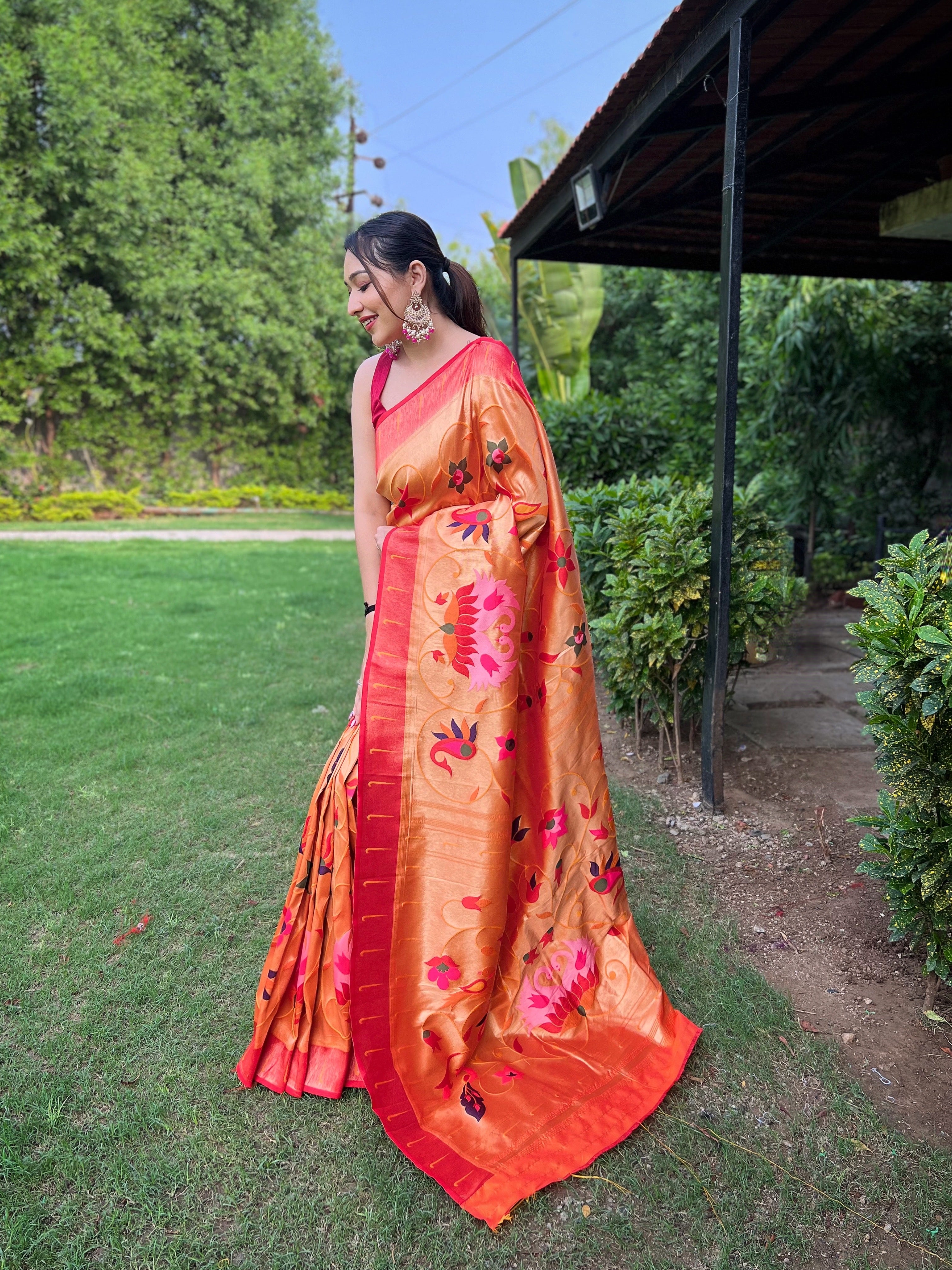 Orange Zari Weaving Paithani Silk Saree