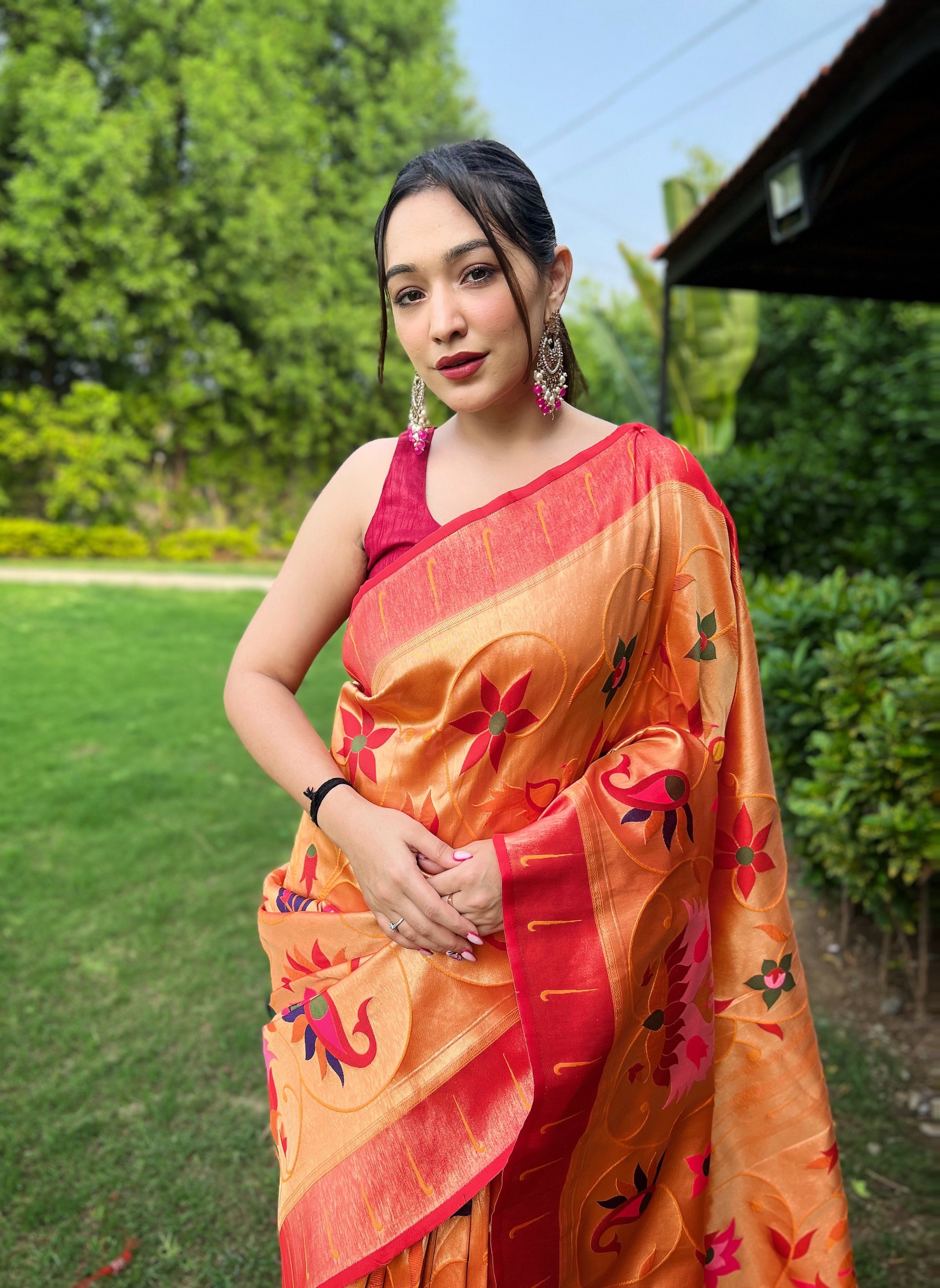 Orange Zari Weaving Paithani Silk Saree