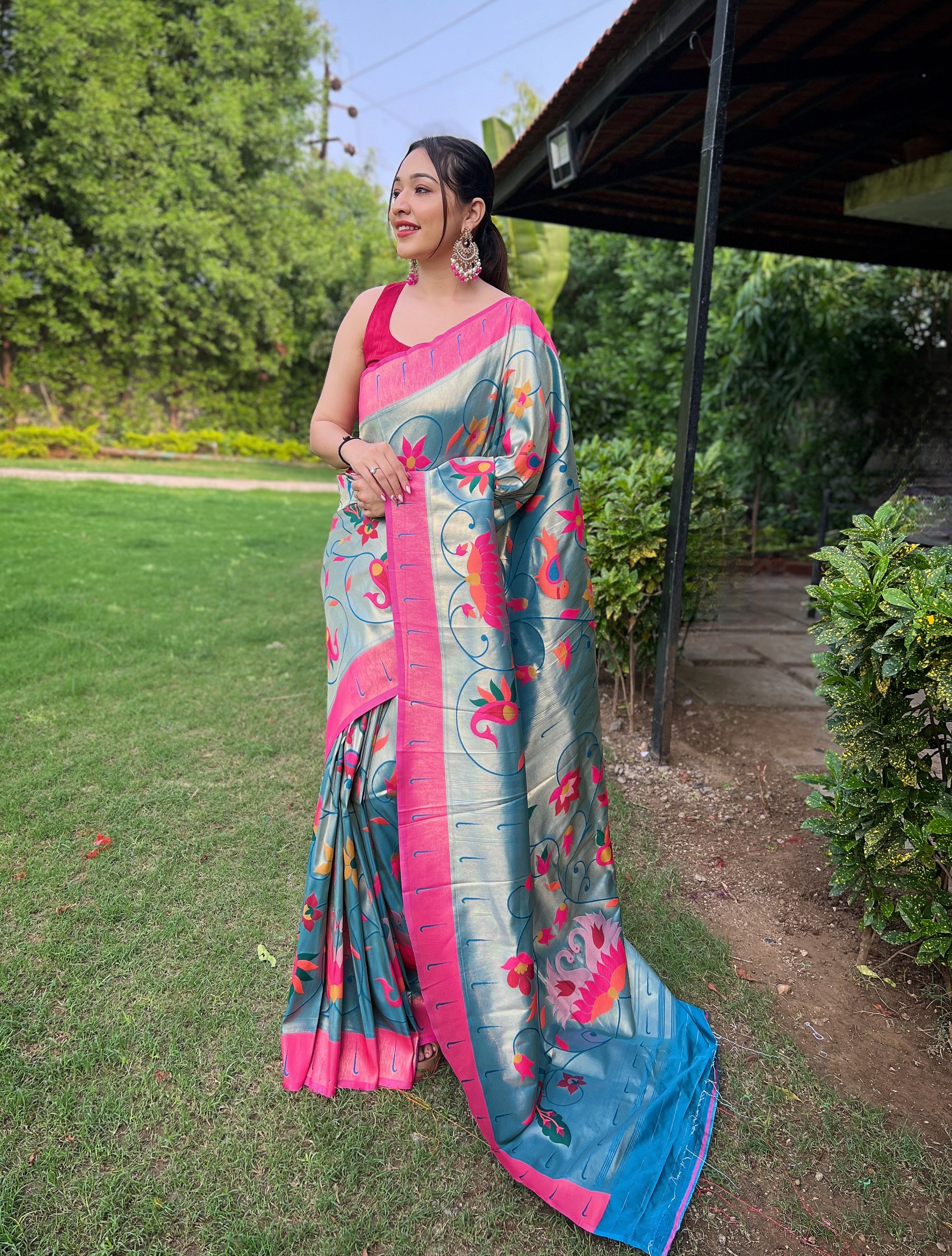 Grey Cloud Zari Weaving Paithani Silk Saree
