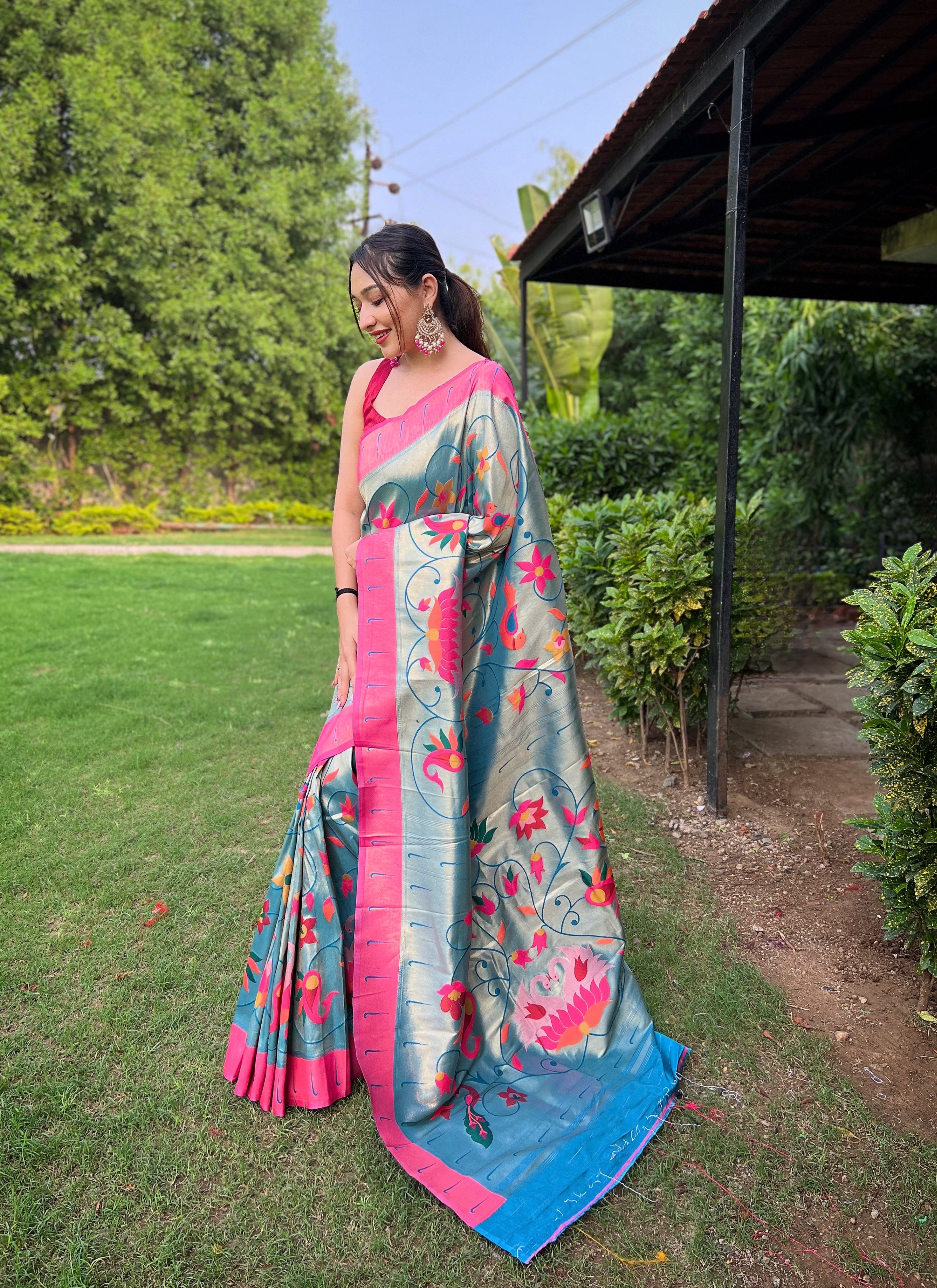 Grey Cloud Zari Weaving Paithani Silk Saree