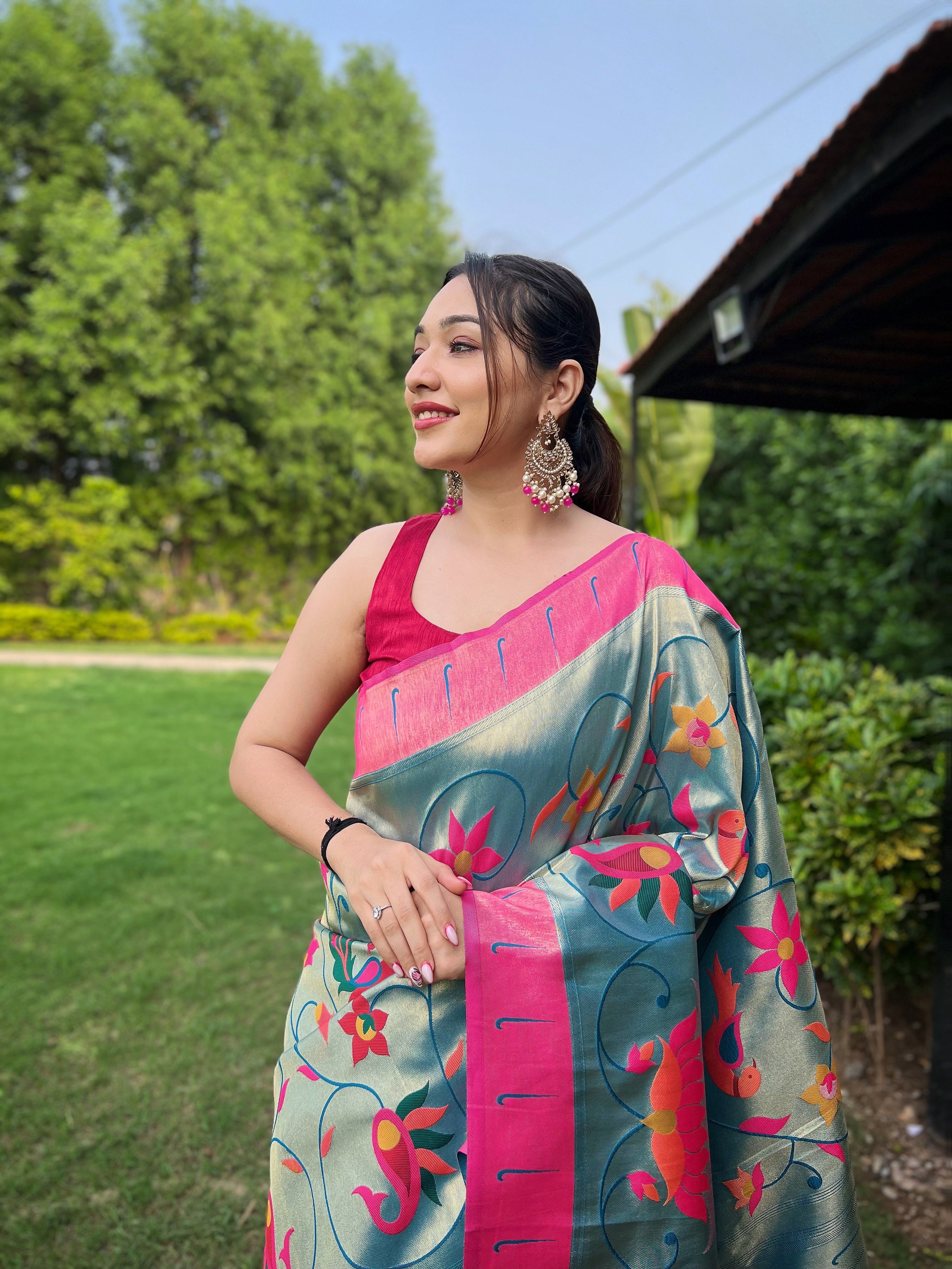 Grey Cloud Zari Weaving Paithani Silk Saree