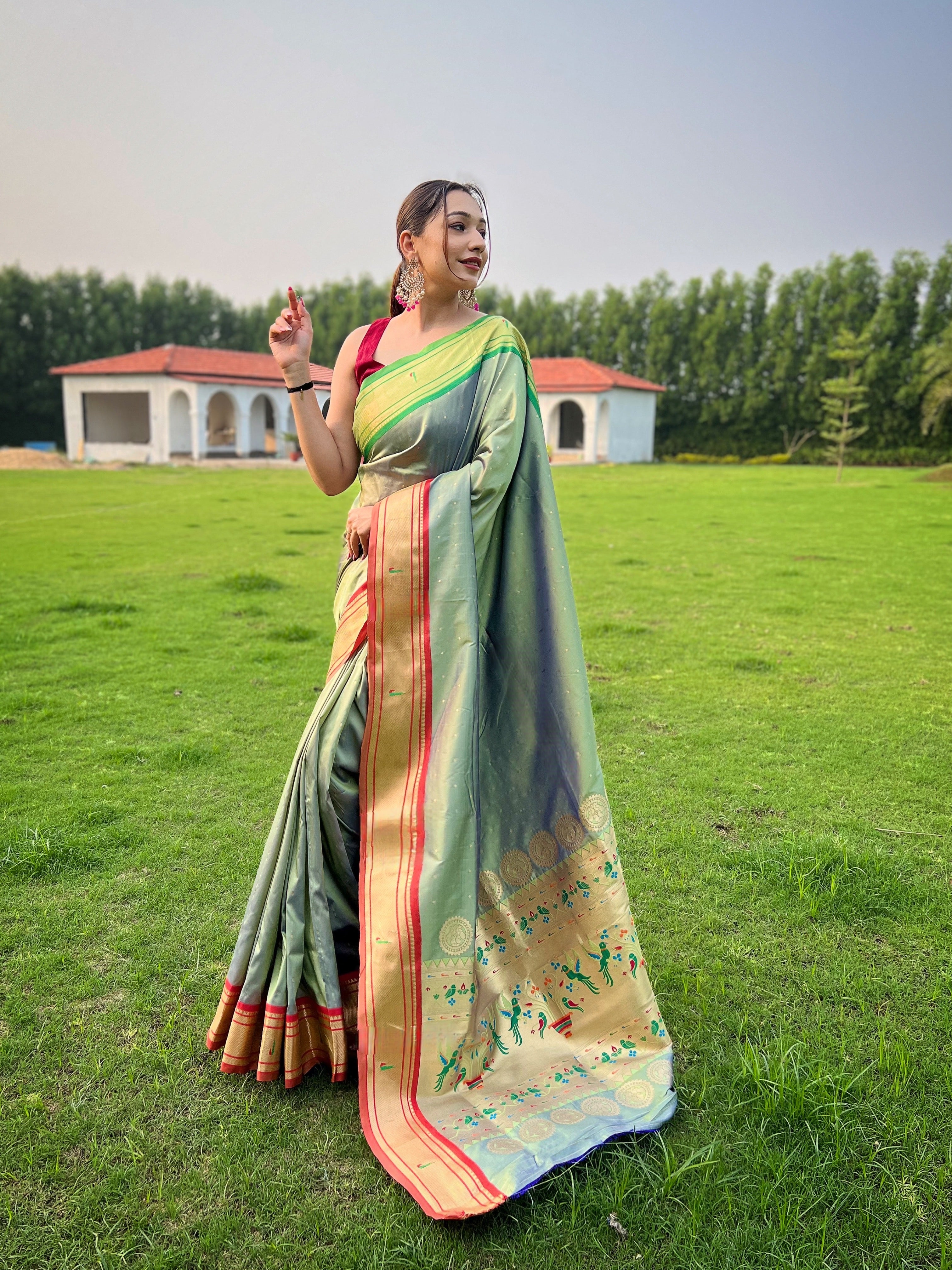 Moss Green Woven Paithani Silk Saree