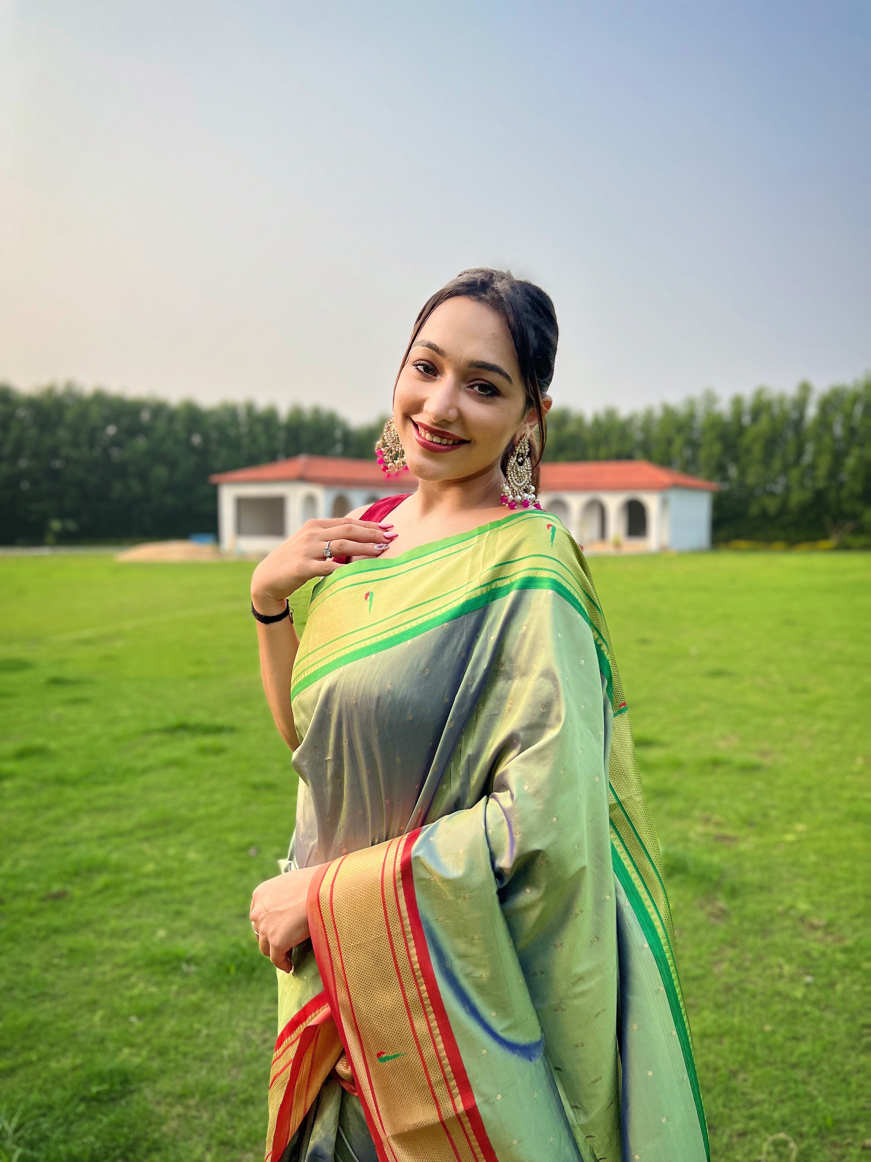Moss Green Woven Paithani Silk Saree