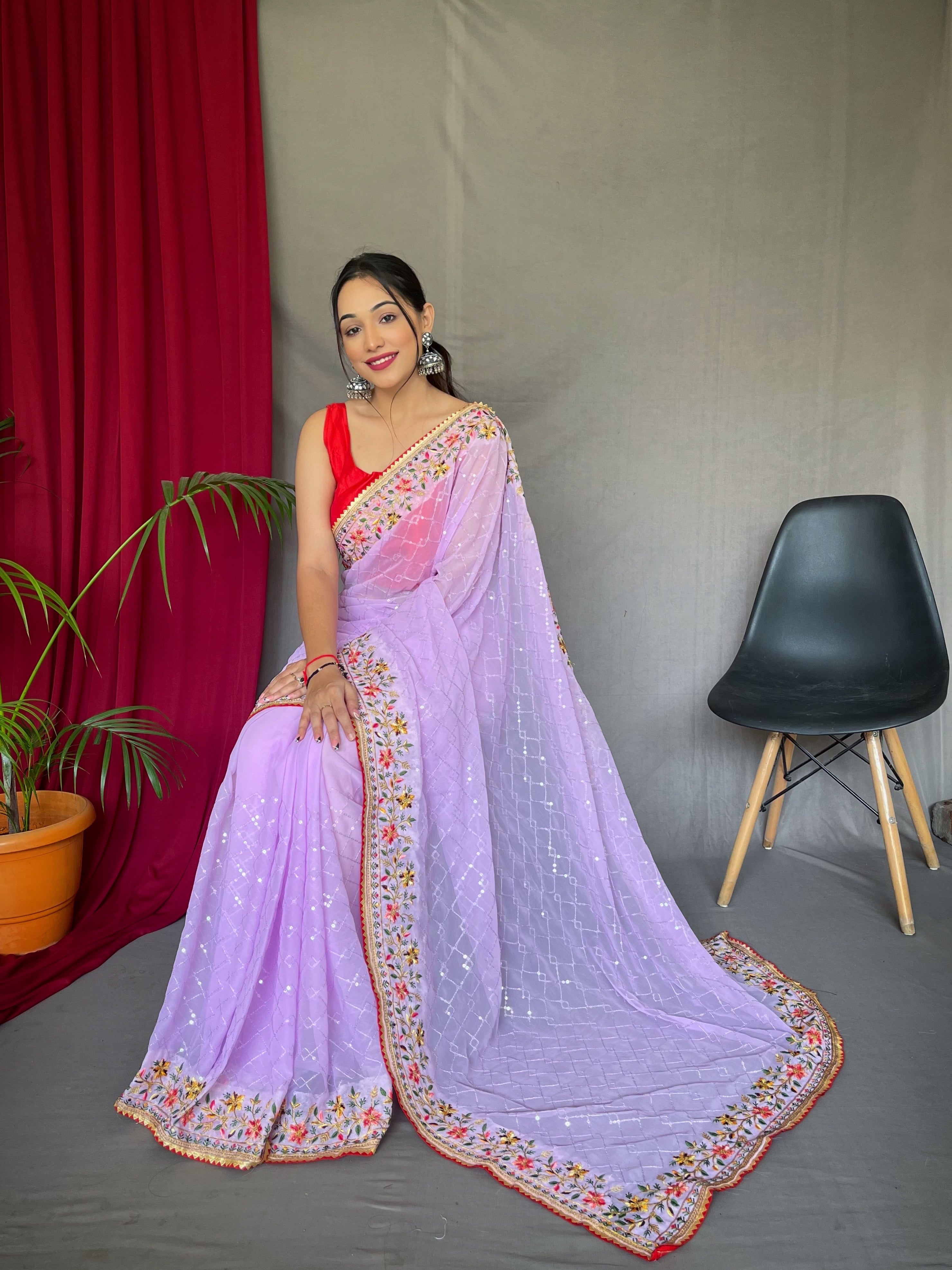 Lavender Embroidered Sequence Work Georgette Saree