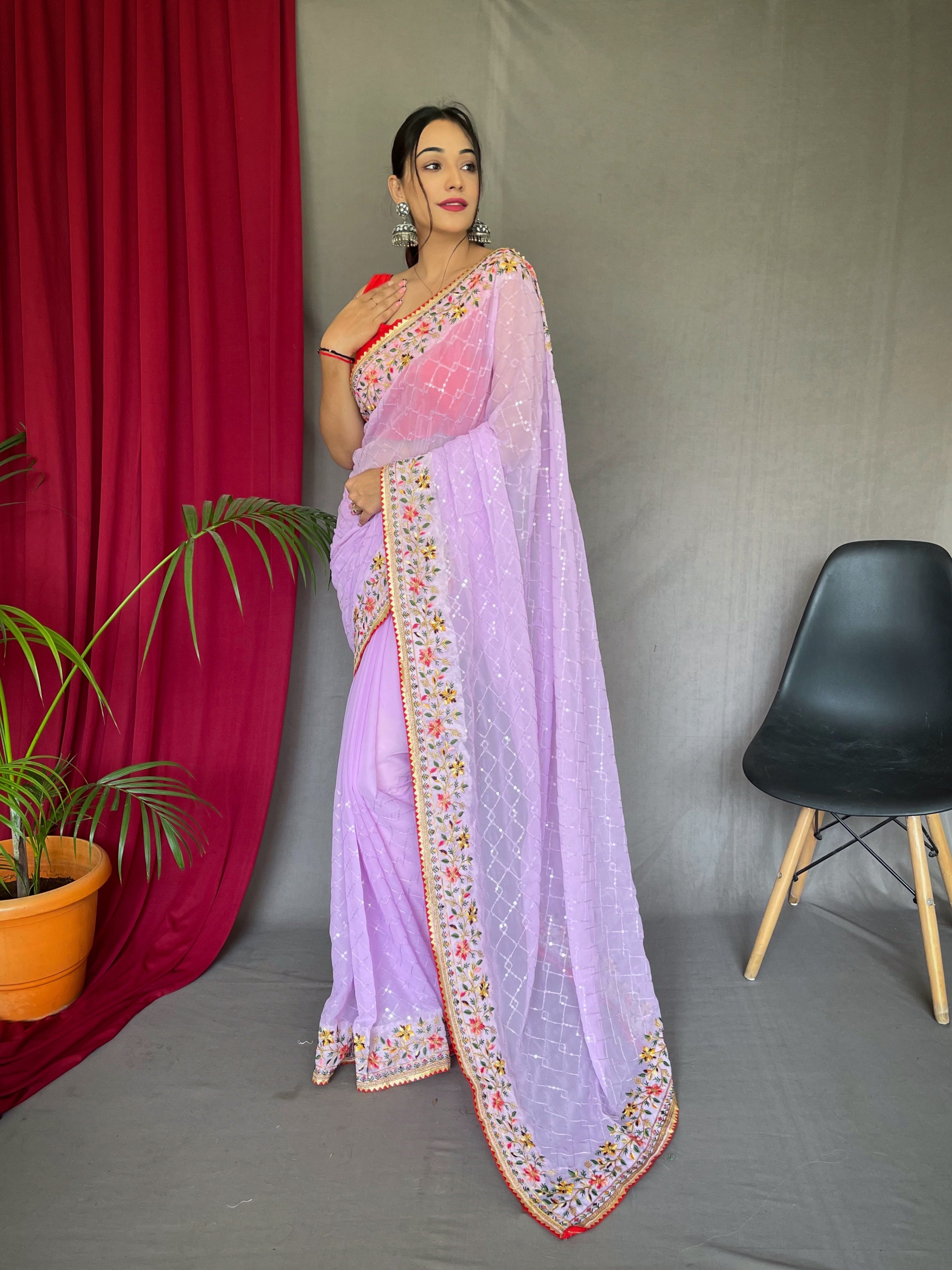 Lavender Embroidered Sequence Work Georgette Saree