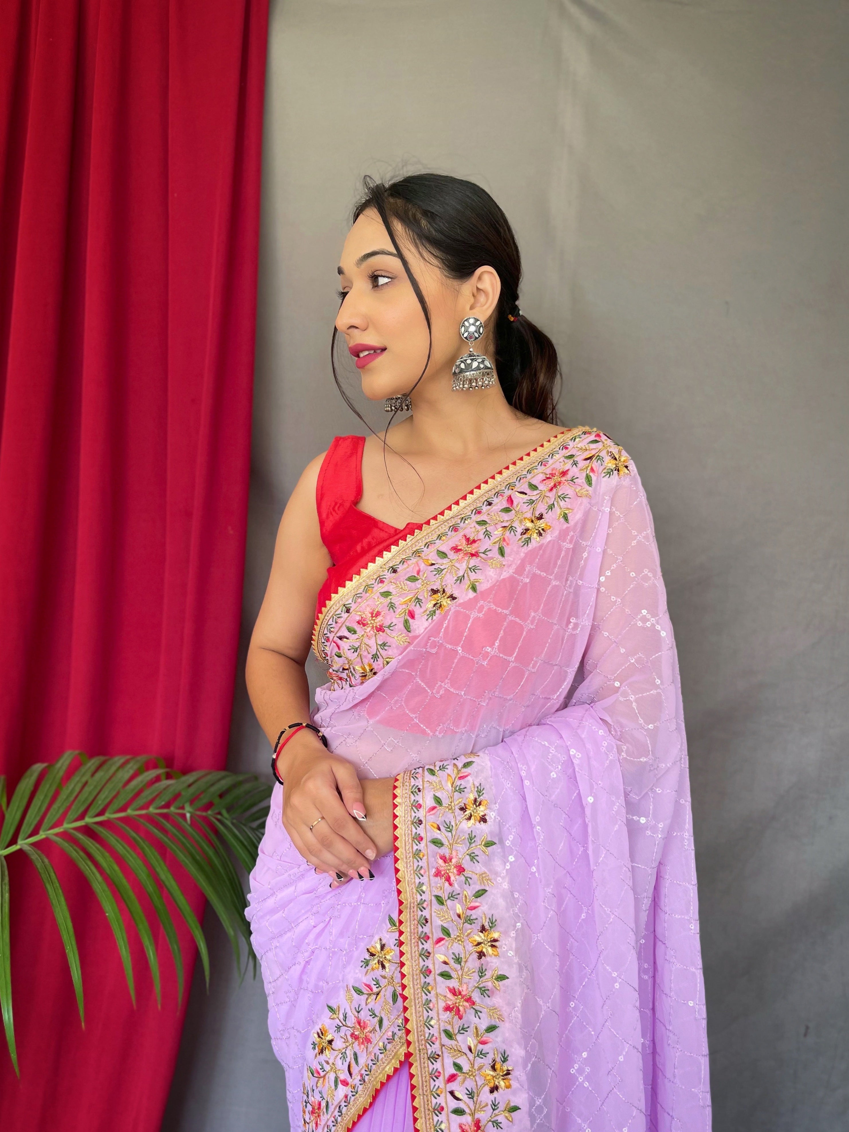 Lavender Embroidered Sequence Work Georgette Saree