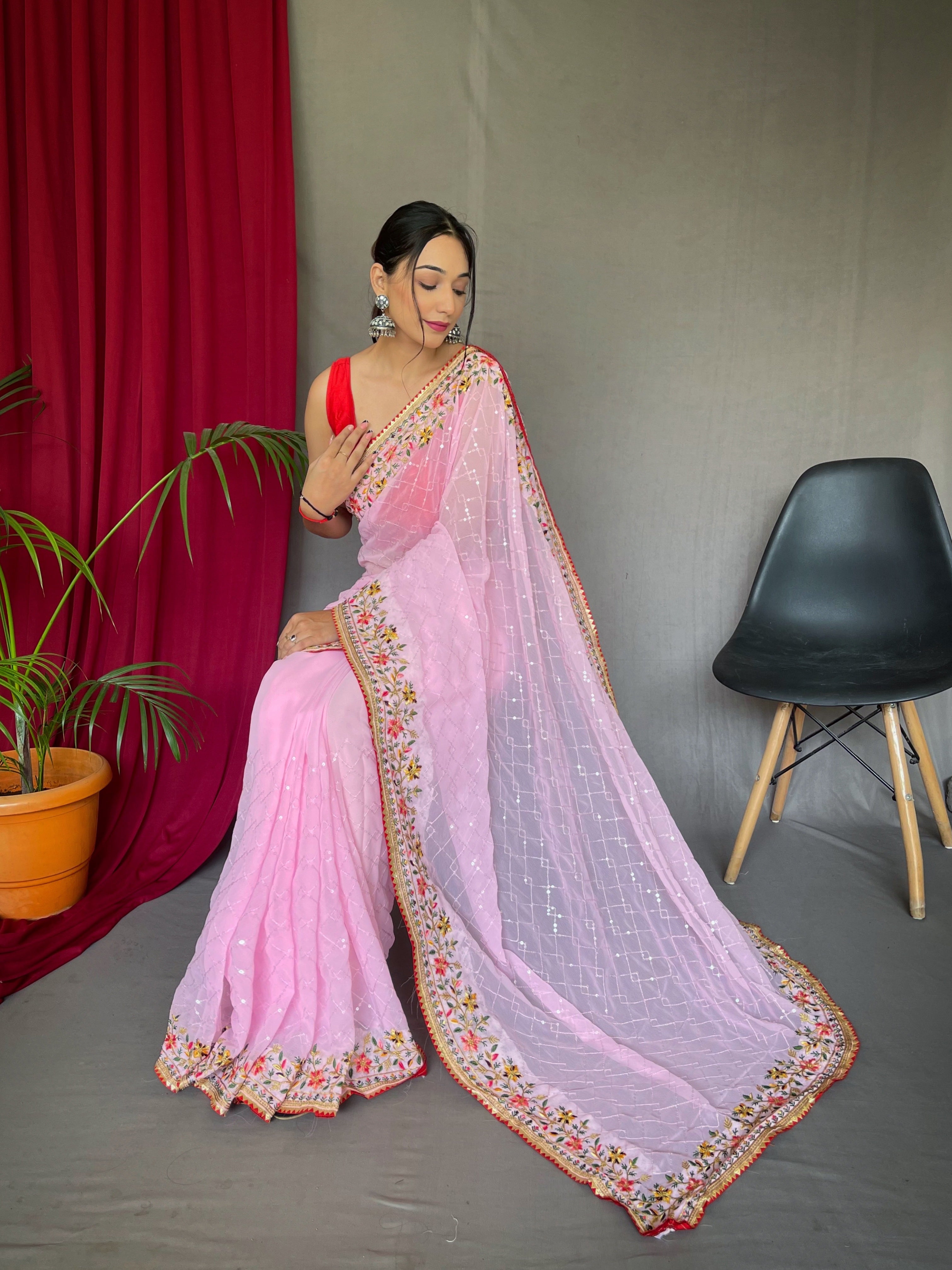 Blush Pink Embroidered Sequence Work Georgette Saree