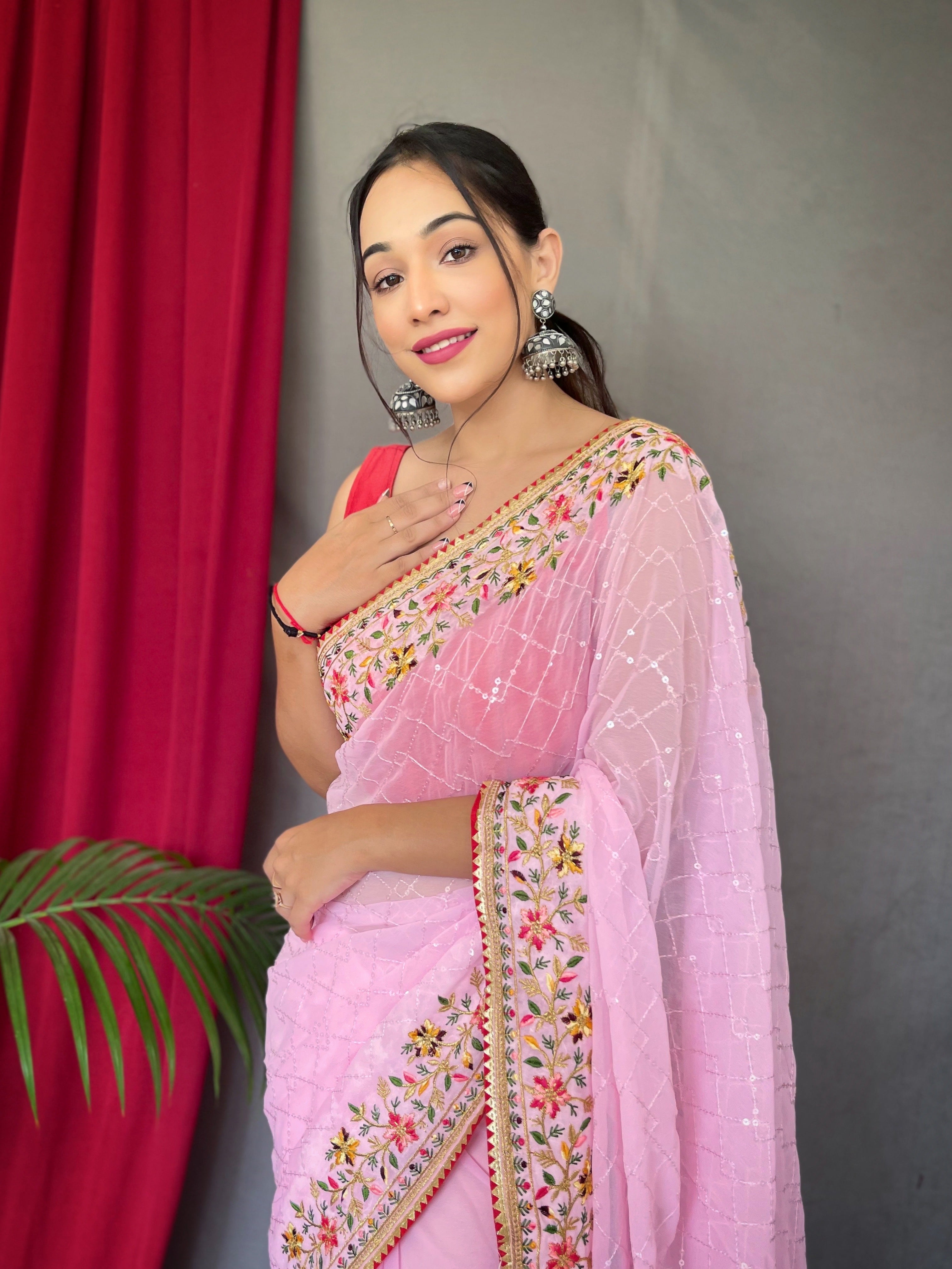 Blush Pink Embroidered Sequence Work Georgette Saree