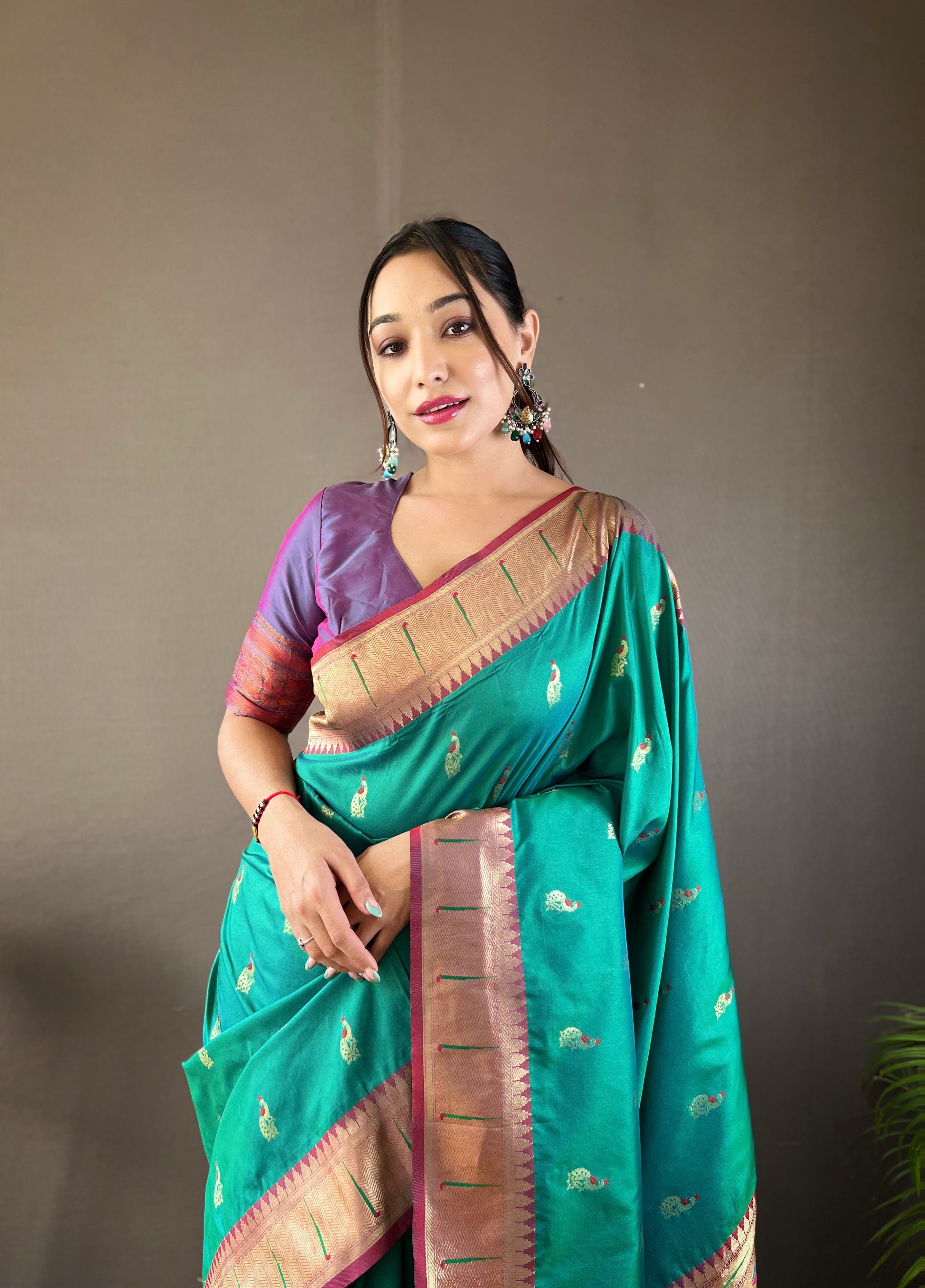 Sky Teal Zari Weaving Paithani Silk Saree