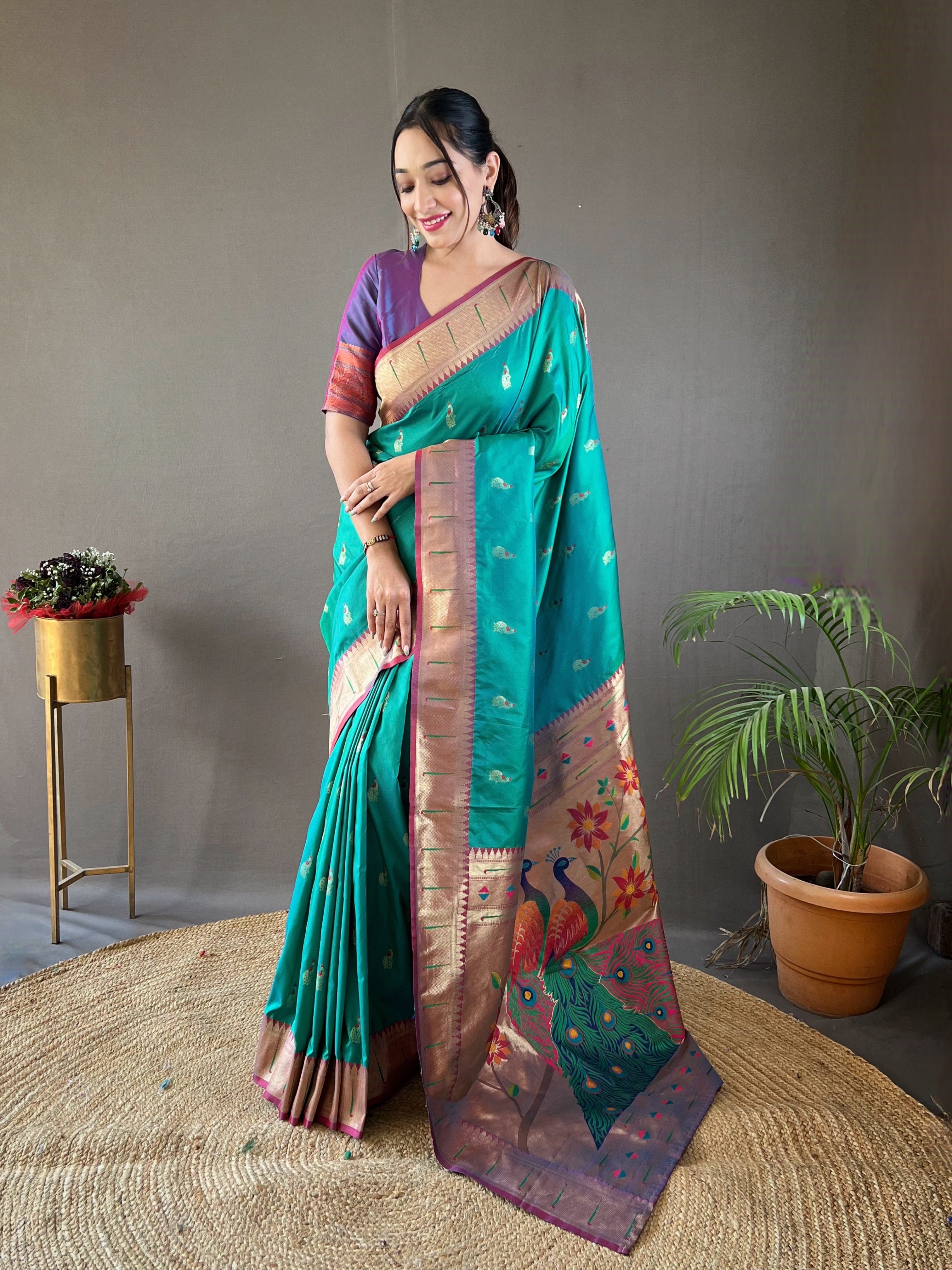 Sky Teal Zari Weaving Paithani Silk Saree