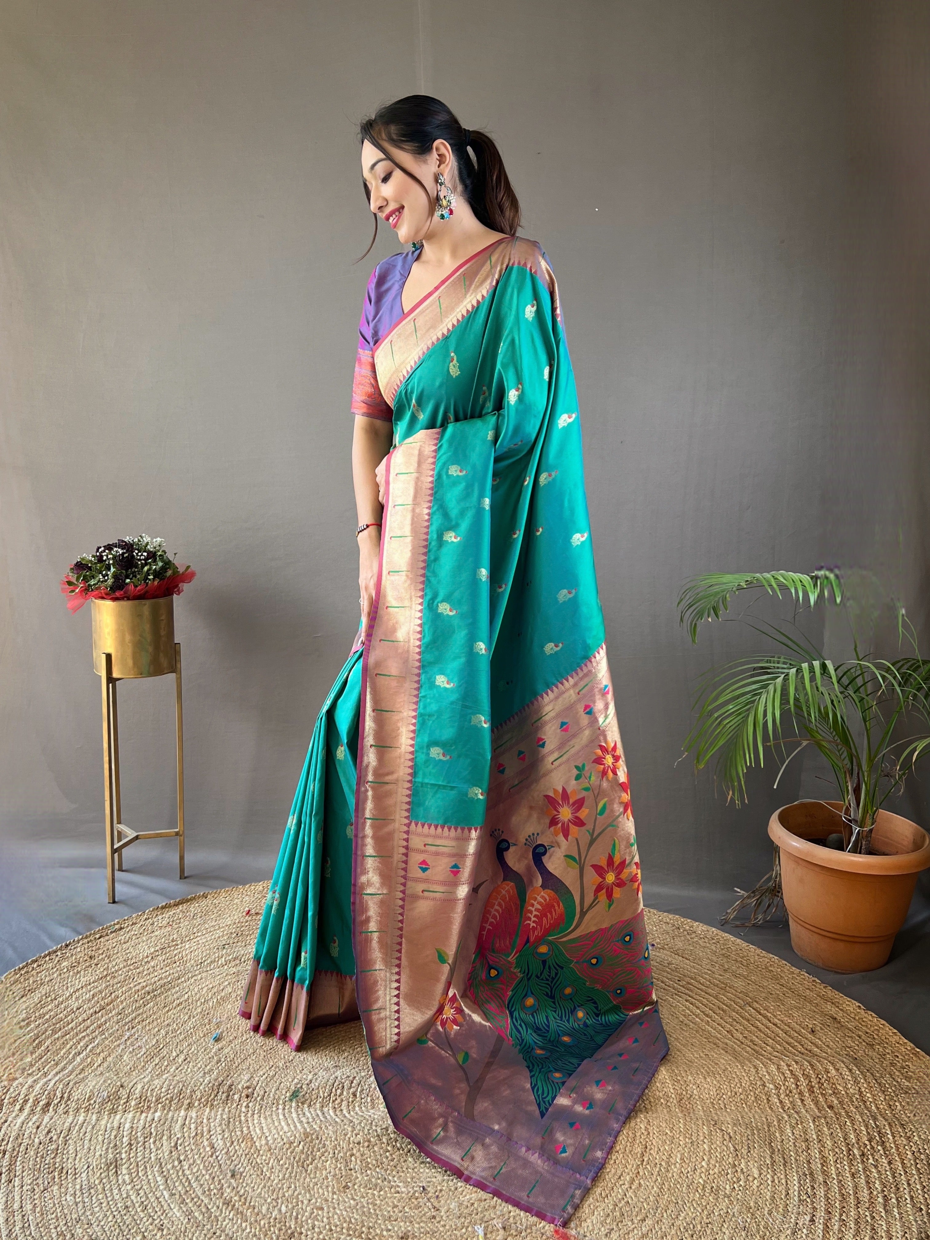 Sky Teal Zari Weaving Paithani Silk Saree