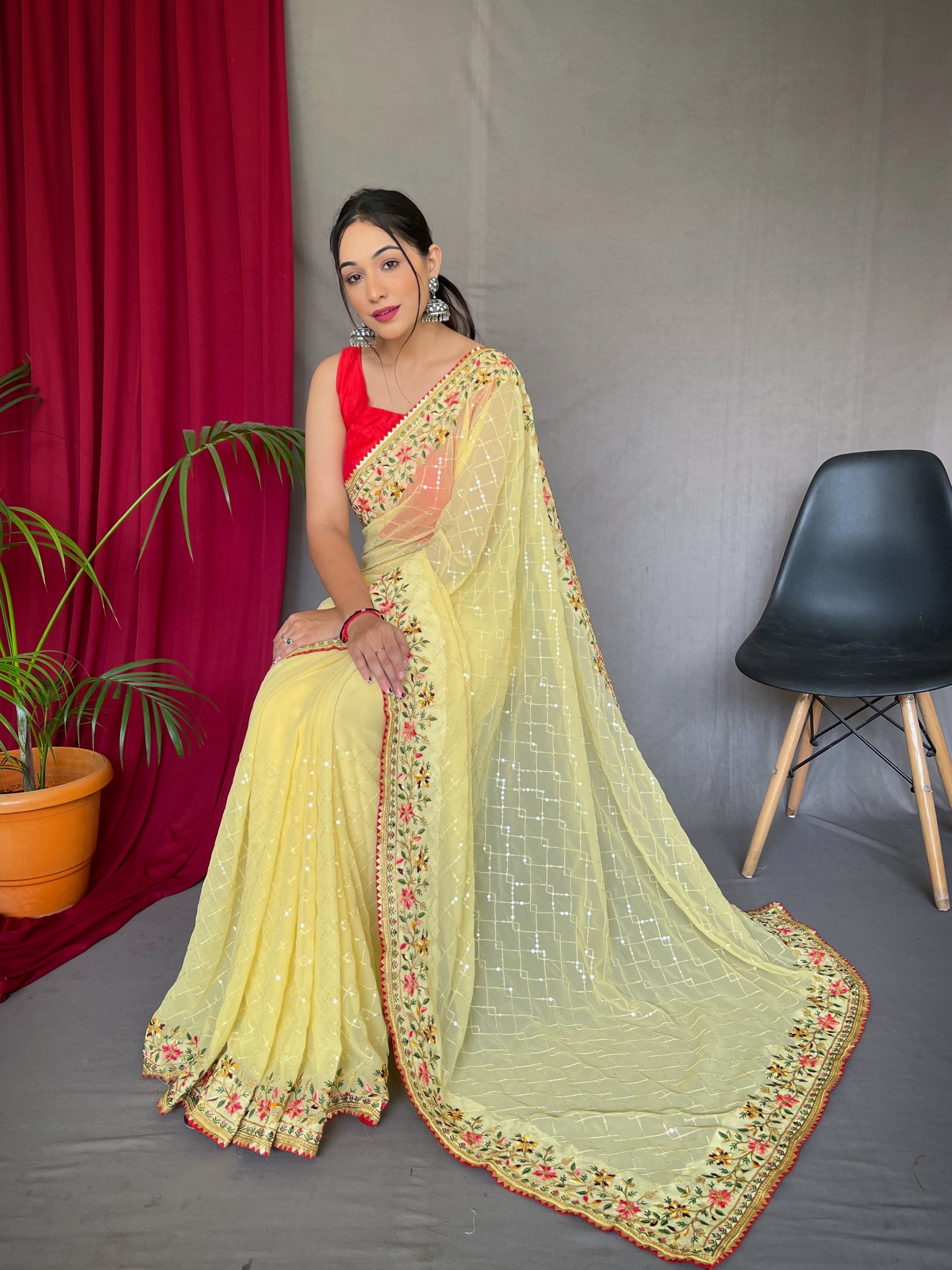 Buttercup Embroidered Sequence Work Georgette Saree