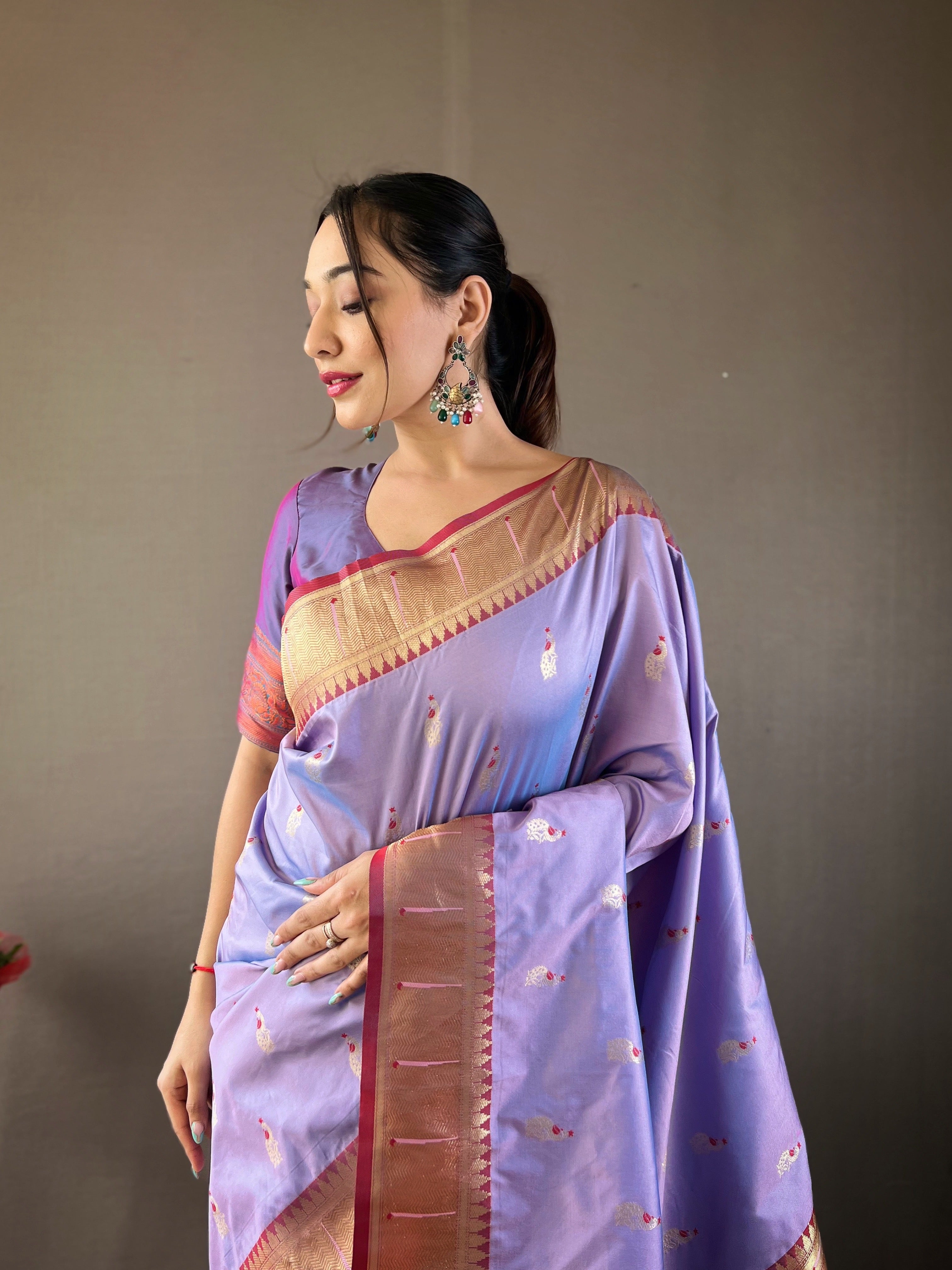 Lavender Zari Weaving Paithani Silk Saree
