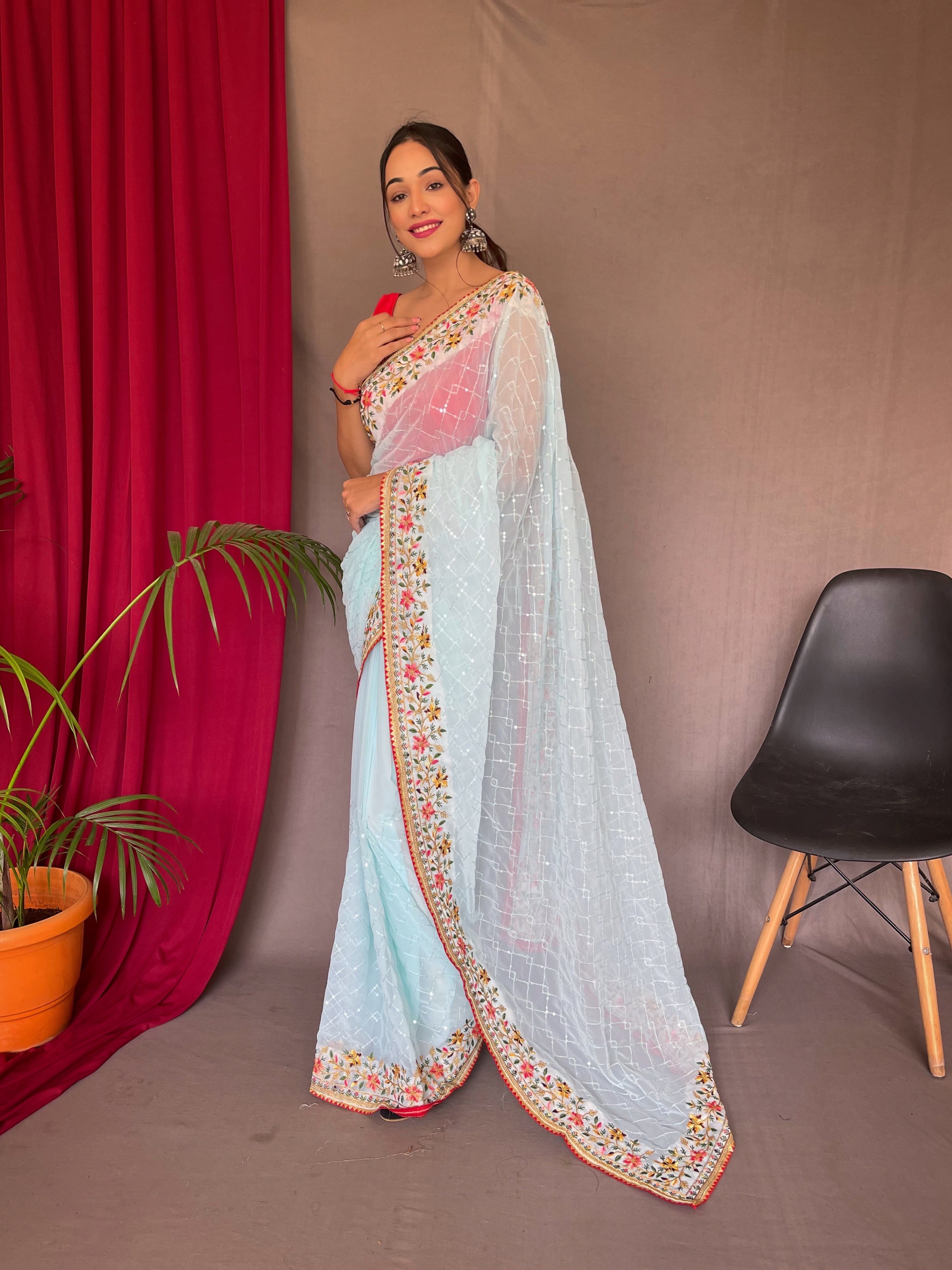 Sky Blue Embroidered Sequence Work Georgette Saree