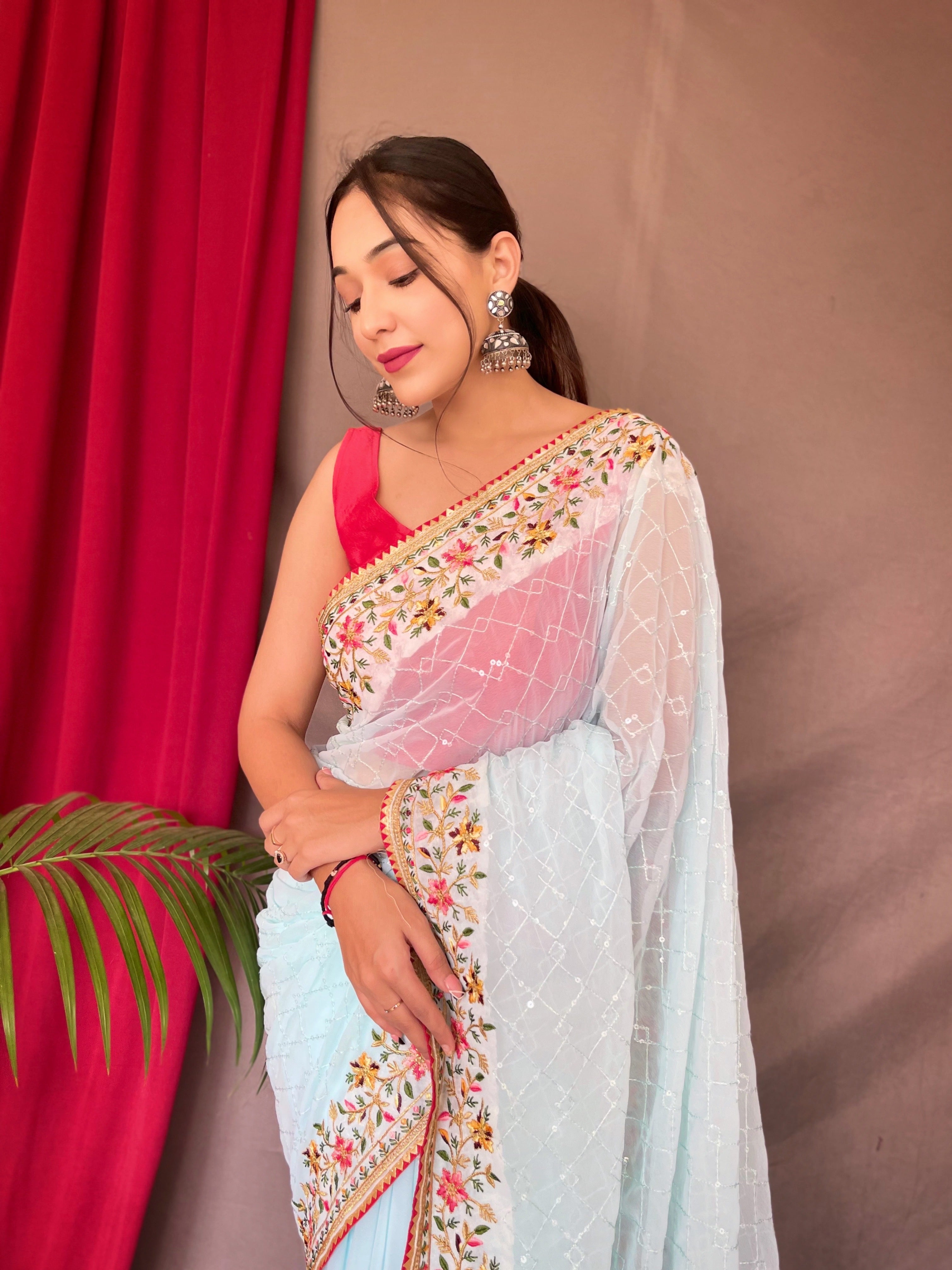 Sky Blue Embroidered Sequence Work Georgette Saree