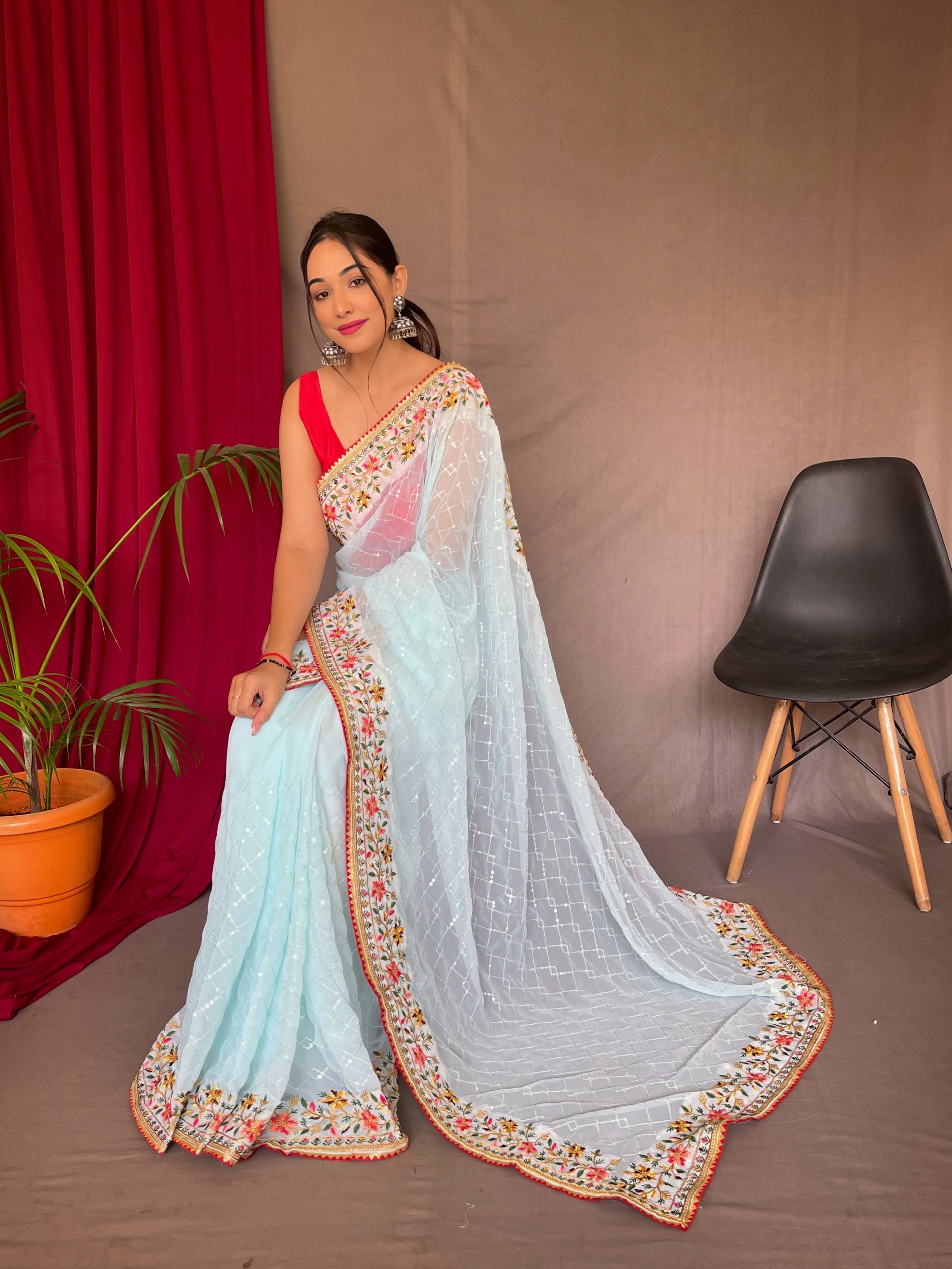 Sky Blue Embroidered Sequence Work Georgette Saree